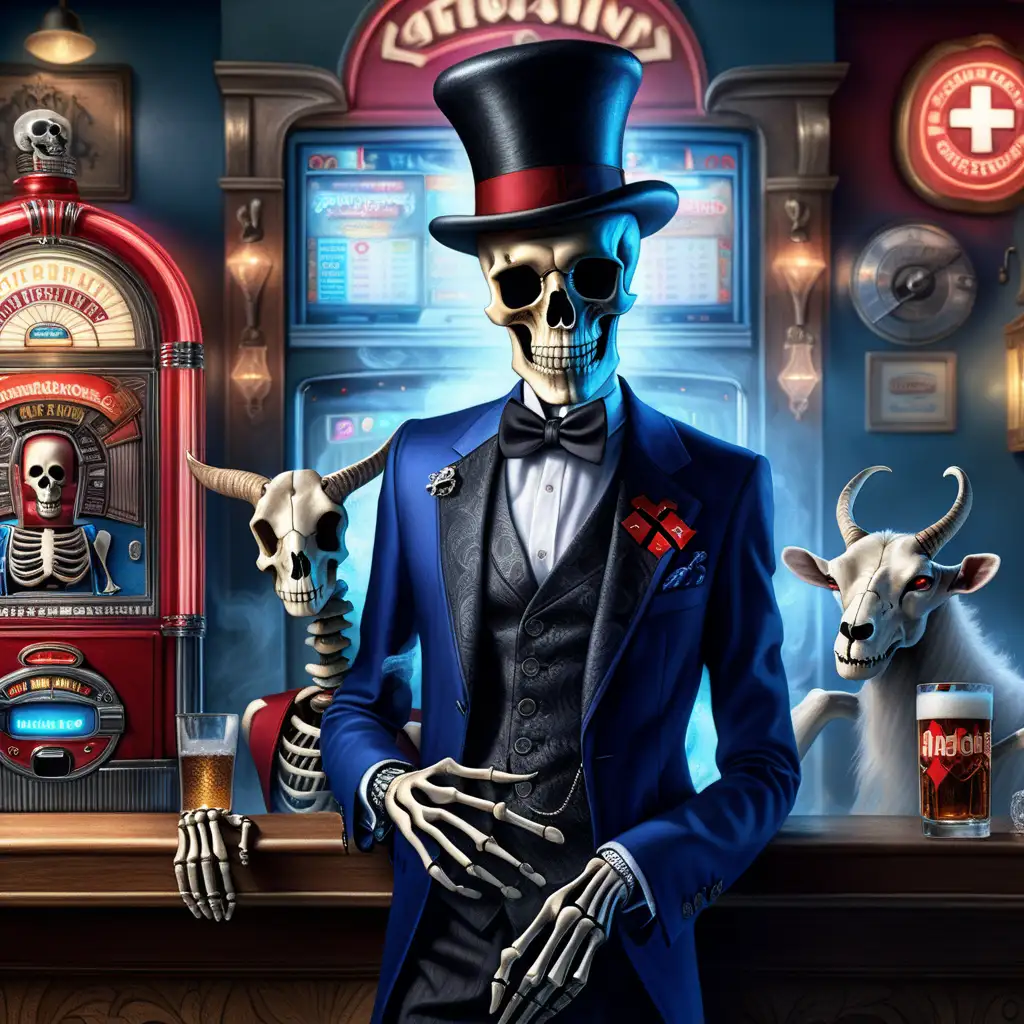 UHD, 8k, A photorealistic surrealist picture of an elegant gentleman skeleton wearing a morning suit and a black top hat with a red cross on it, blue waistcoat, smoky atmosphere, scull forms, standing in bar in front of a dukebox machine with flashing lights, steam, rice paper, picture of a goat on the wall
