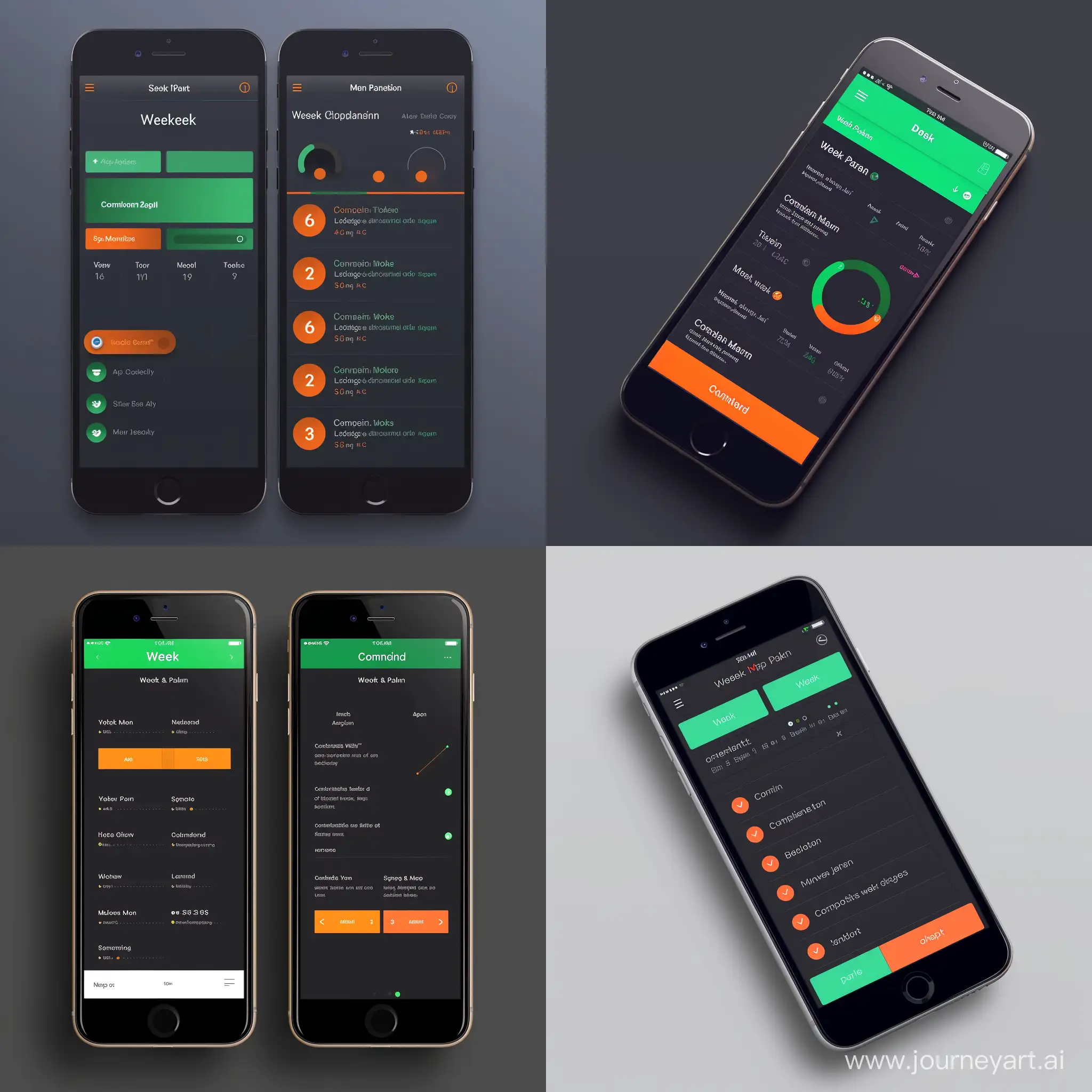 modern ios app
main color : dark
main accent : green
light accent : orange

Top - Week planner
Middle - Commitment
Bottom- Nav bar