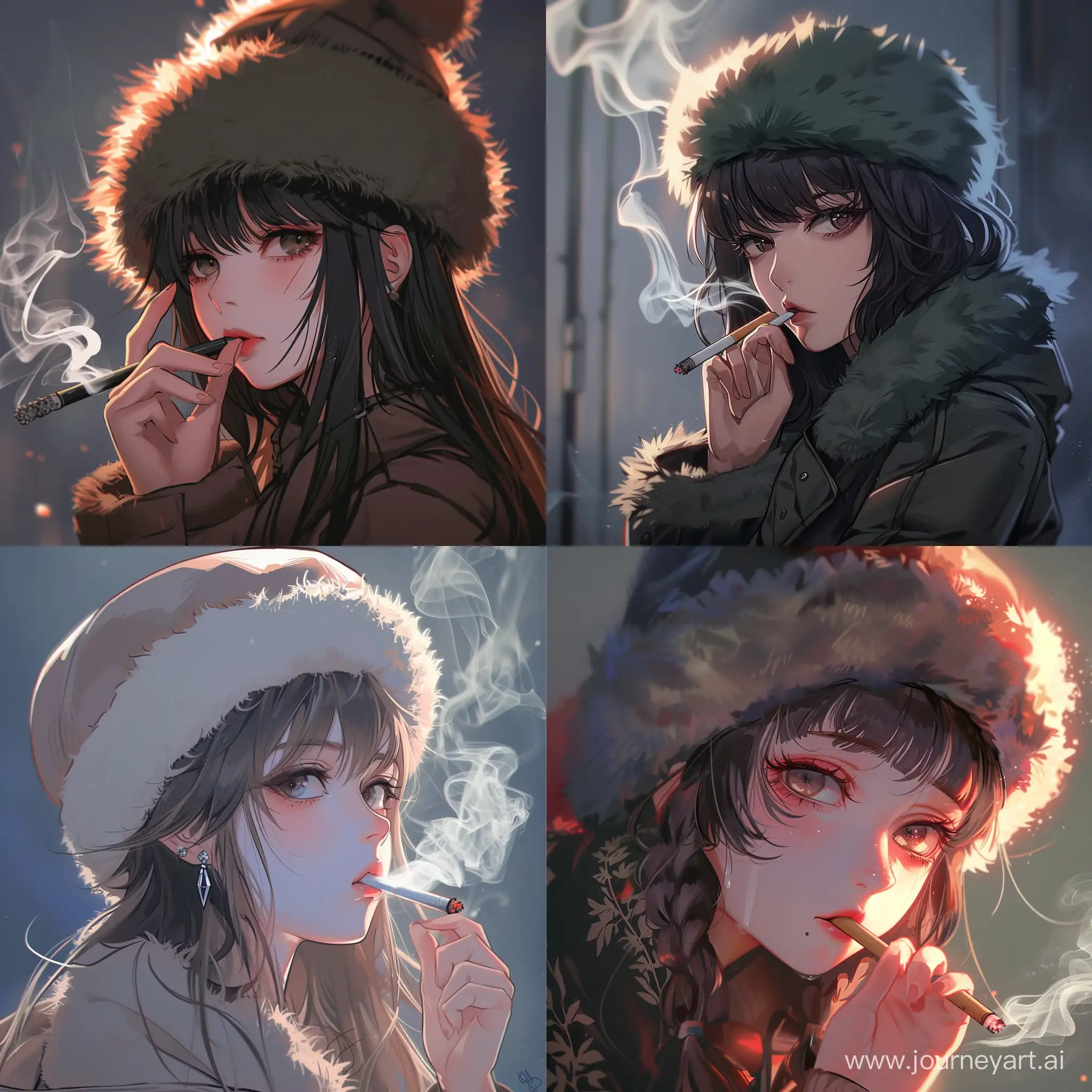 
Девушка в стиле аниме и в шапке-ушанке курит