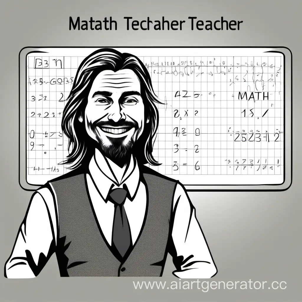 Smiling-Math-Teacher-with-Long-Hair-and-Stubble-at-Math-Board