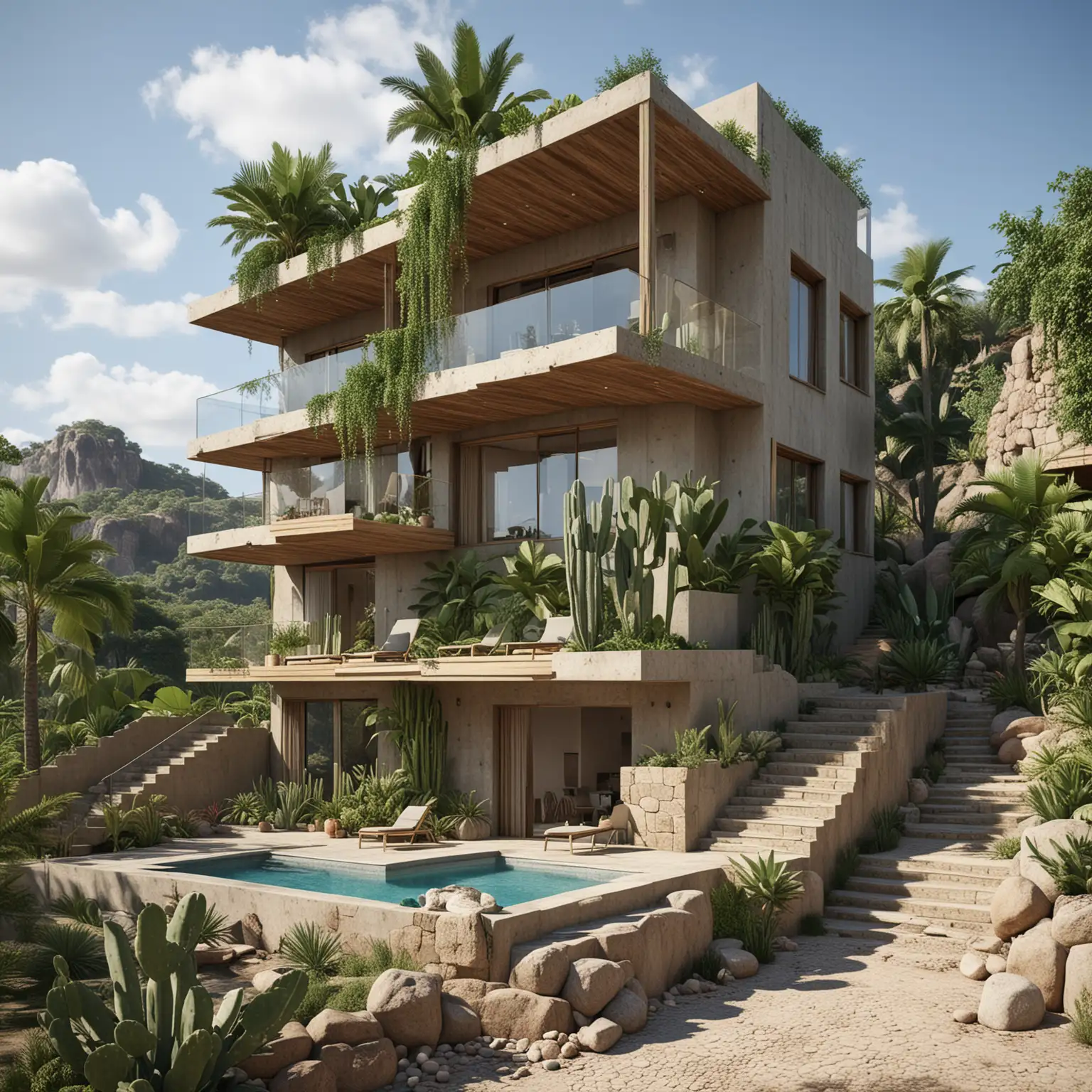 create a small apartment with 1  with 5-6 units in a tropical city setting with cactus and tropics using vernacular architecture principles of wood, cement, and natural stones. the building will be in a city setting like Rio or nairobi and on a hill near a road. it irregularly shaped or have one unit with 2 floors and a separate unit further down. use natural stone elements. the plot is not very big so has to include 3 floors and enough outdoor space for each unit. ensure beautiful landscaping and a pool for all to use