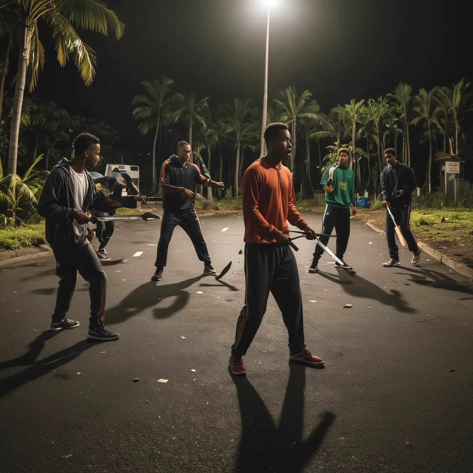 Oceanian Men in Tracksuits Chasing in Runions Tropical Night Parking Lot