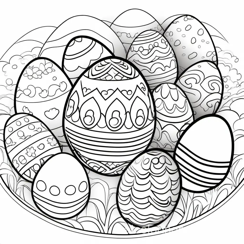 Easter eggs, Coloring Page, black and white, line art, white background, Simplicity, Ample White Space. The background of the coloring page is plain white to make it easy for young children to color within the lines. The outlines of all the subjects are easy to distinguish, making it simple for kids to color without too much difficulty