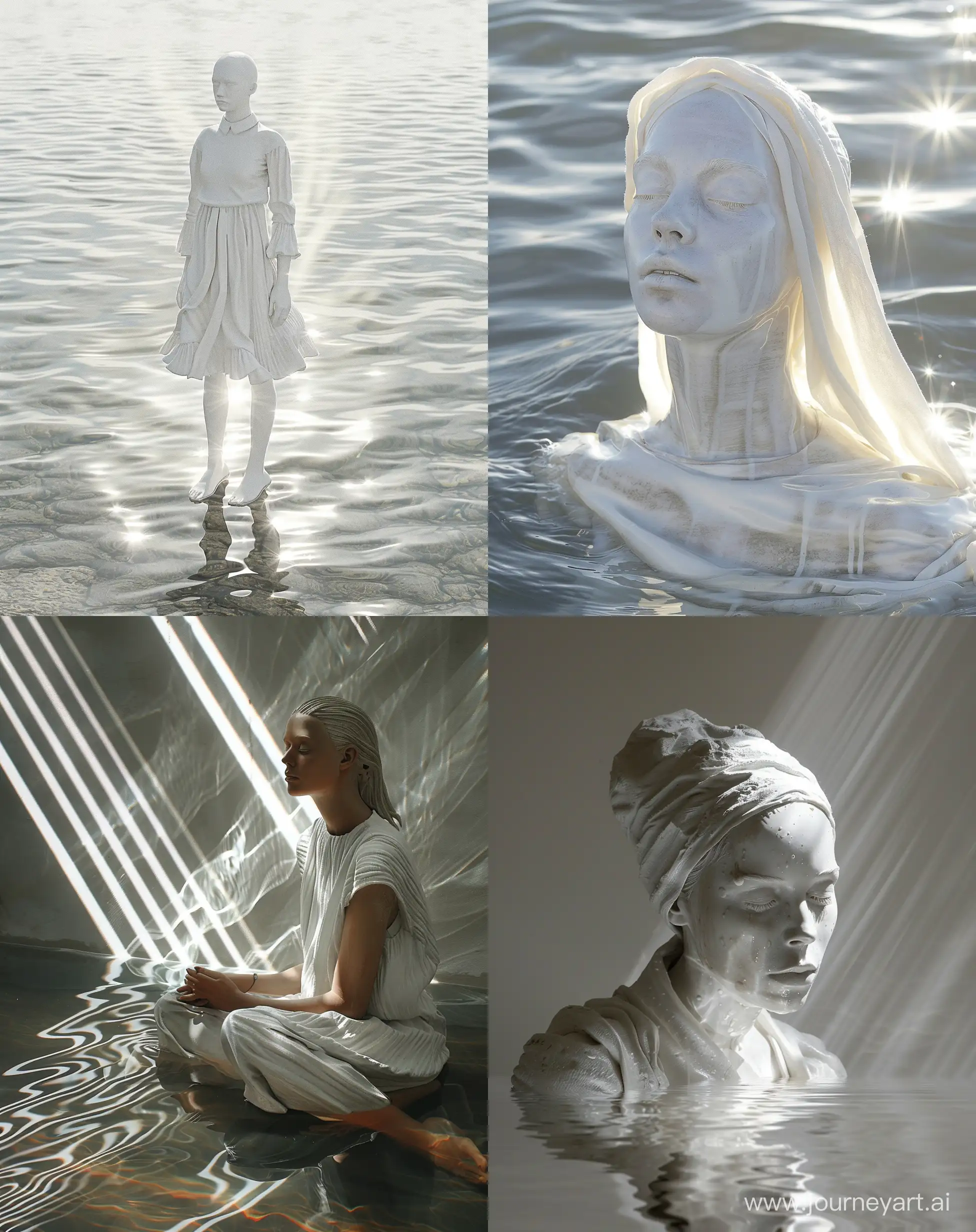 luzerne fashion x rays of light by sebastian rossetti, in the style of yigal ozeri, ursula von rydingsvard, calm waters, white woman, emek golan, terracotta, hyper-realistic water --ar 101:128 
