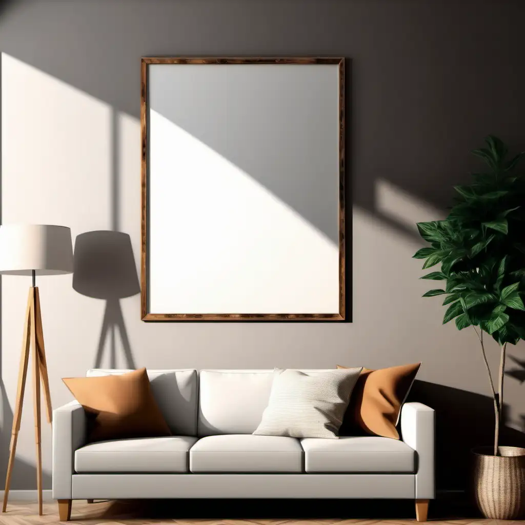 wooden poster white blank frame mockup, reflection, shadow overlay, cozy living room, farmhouse stlyle, warm room, 4K, exclude random objects,