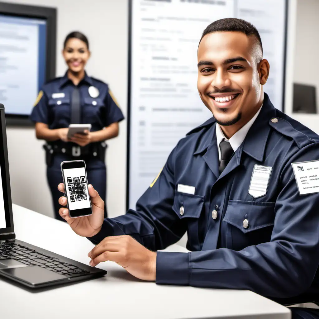 Latin Security Guard Smiling at Computer Recording Visitor Information