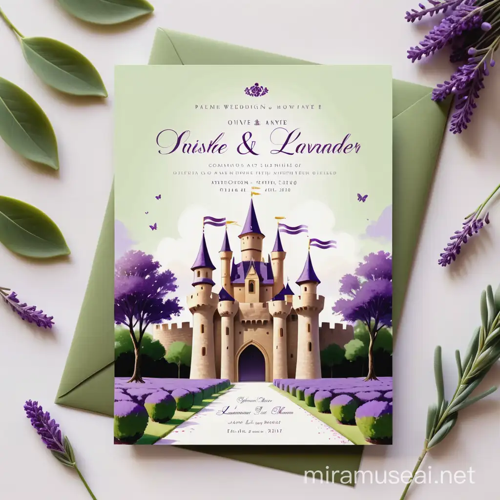 Elegant Digital Wedding Invitation Featuring Castle in Green Olive and Lavender Theme