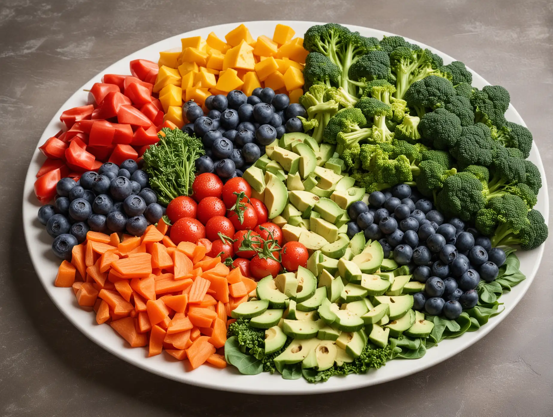 Show an image of a plate filled with colorful fruits and vegetables, such as blueberries, spinach, broccoli, carrots, and red bell peppers. The plate should be surrounded by images of other natural sources of glutathione, like avocados, asparagus, walnuts, and turmeric. The background should be a vibrant green color to represent a healthy lifestyle.