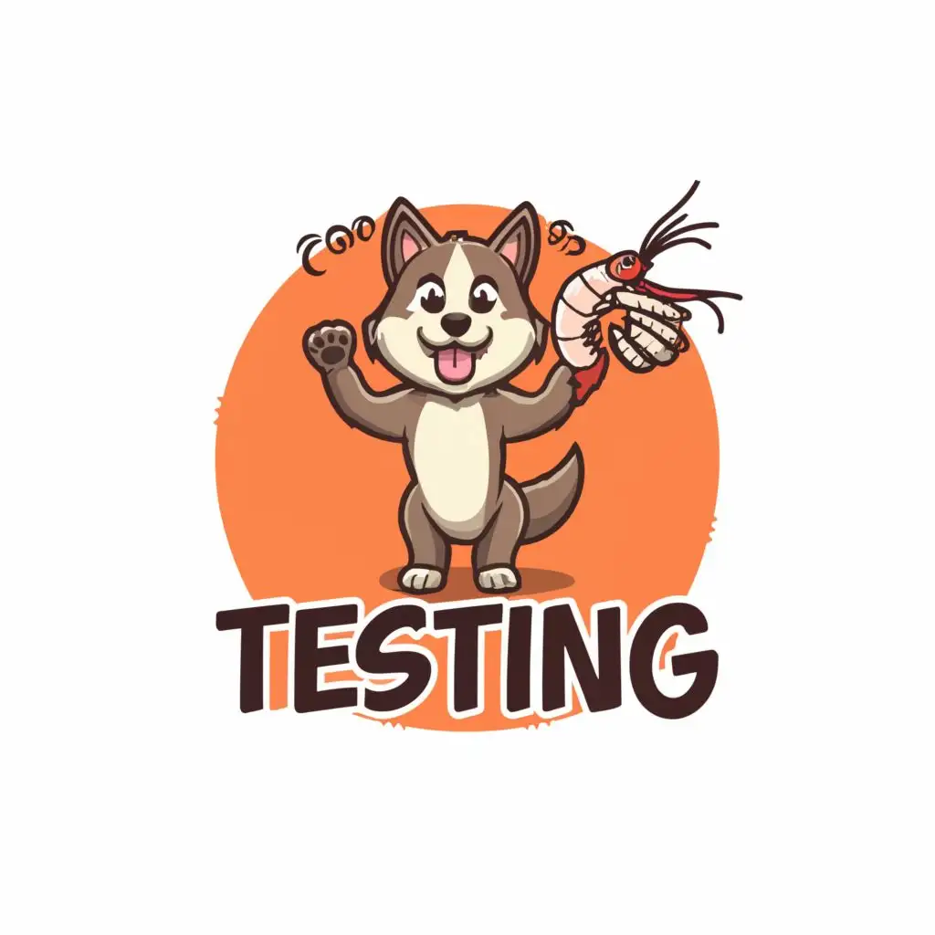 a logo design,with the text "Testing", main symbol:A husky dog with a shrimp in its mouth and standing on another shrimp,Moderate,be used in Education industry,clear background