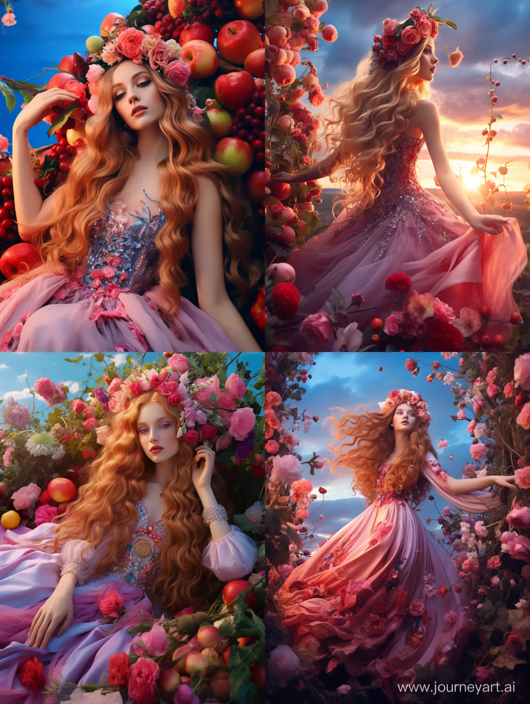 Королева-лето, невероятно красивая девушка в полный рост, с розовыми длинными волосами, на голове венок из цветов, в платье из ягод и цветов в летнем саду, красивый пейзаж на фоне, синее небо, растут ягоды, продолжение платья из цветов, завихряются у подола платья, неоновые переливы, высокое разрешение, эстетично, красиво, яркое освещение, фотореализм