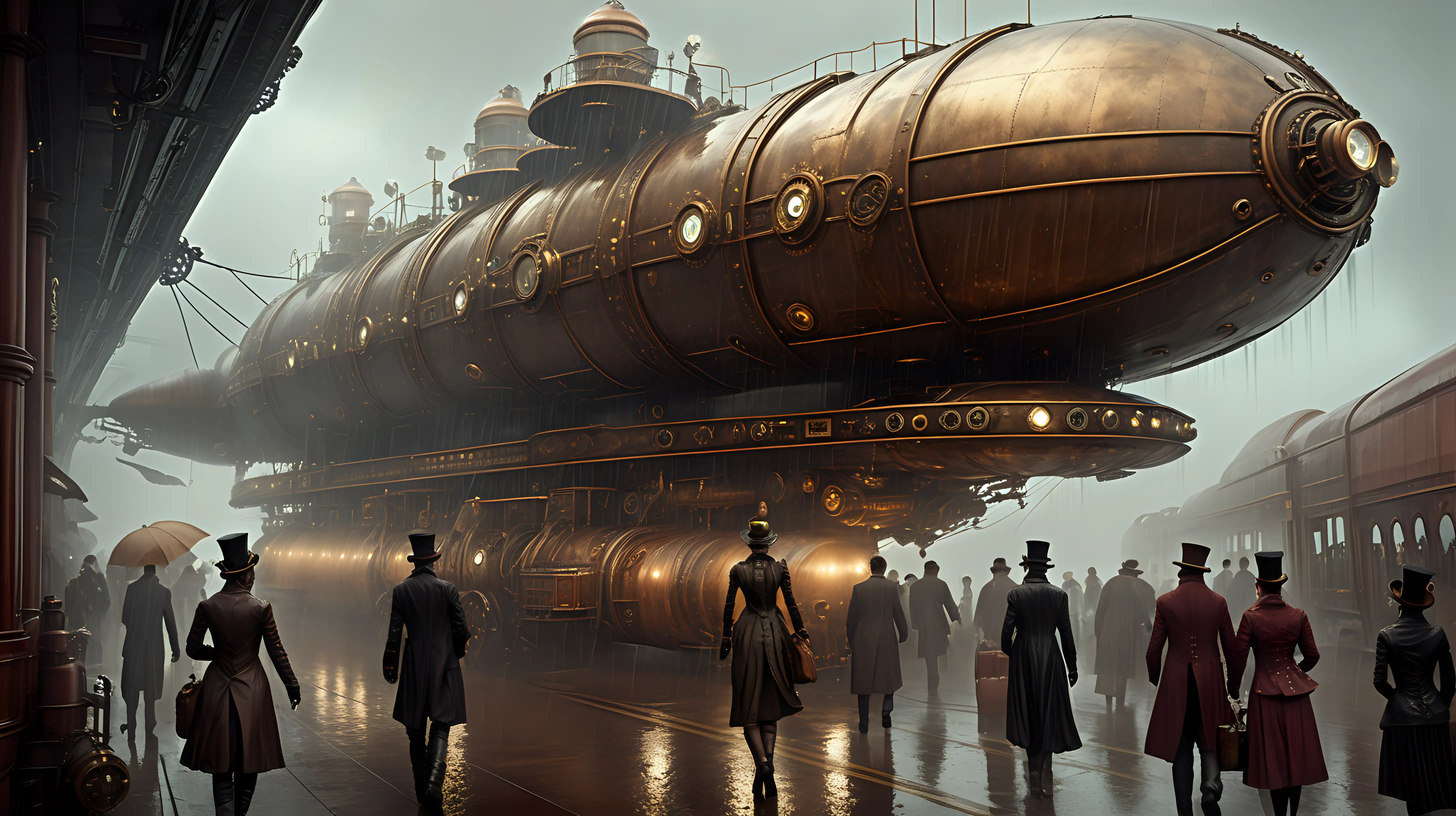 Steampunk Steamspaceship Boarding in Earths Foggy Rain