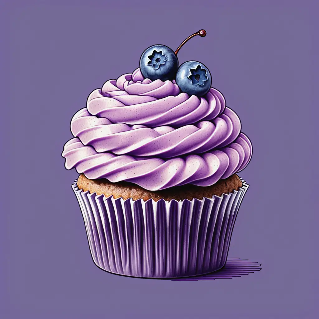 Delicious Cupcake Drawing with Light Purple Frosting and Blueberry Topping