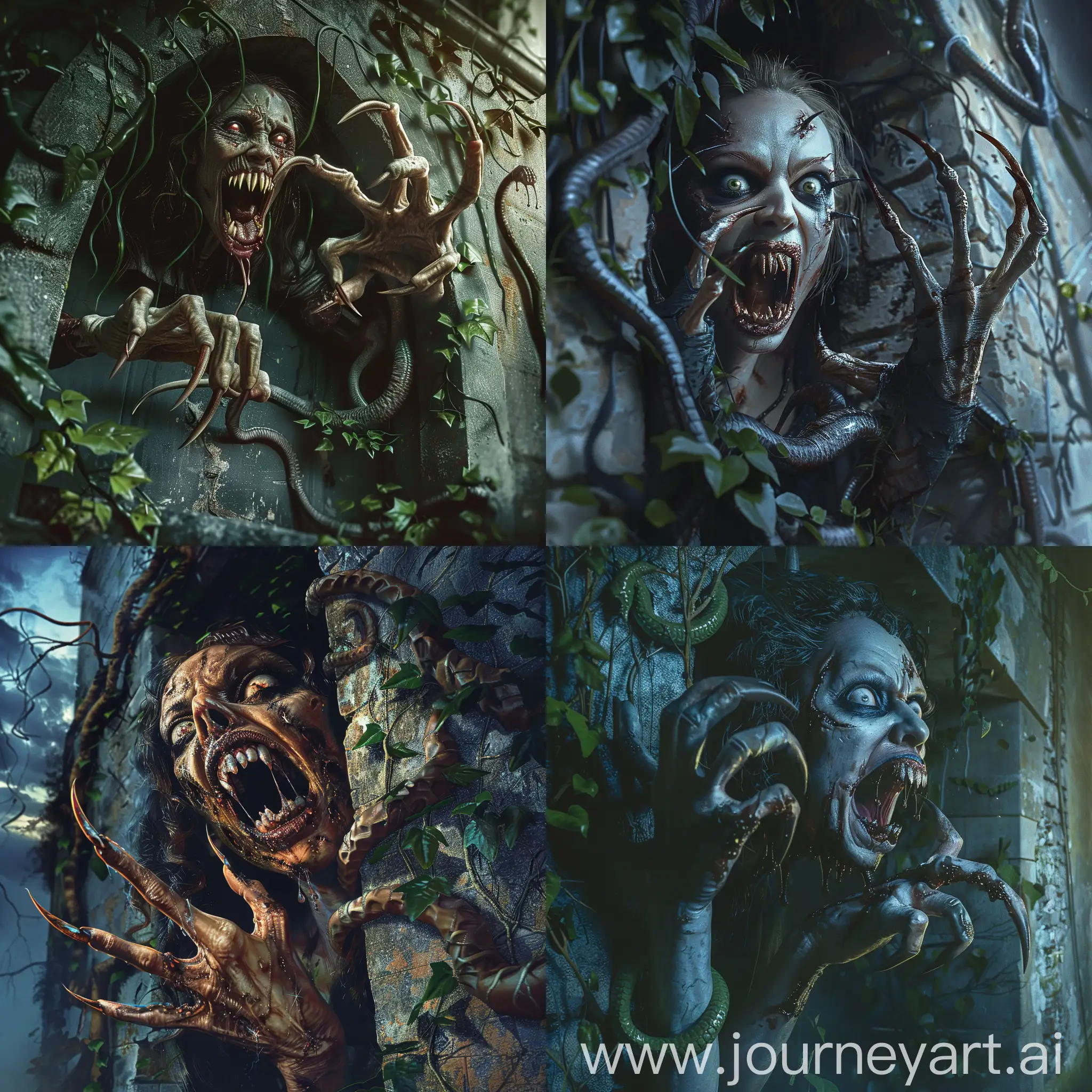 A Terrible Zombie woman with long curved pointed nails protruding from her fingers like menacing claws, she looks like a who has climbed out of the grave, her mouth is threateningly open exposing pointed teeth resembling fangs, The scene takes place at night, in an abandoned building partially covered with ivy with green vines and snakes like plants, very scary. Photorealistic, Concept Art, High