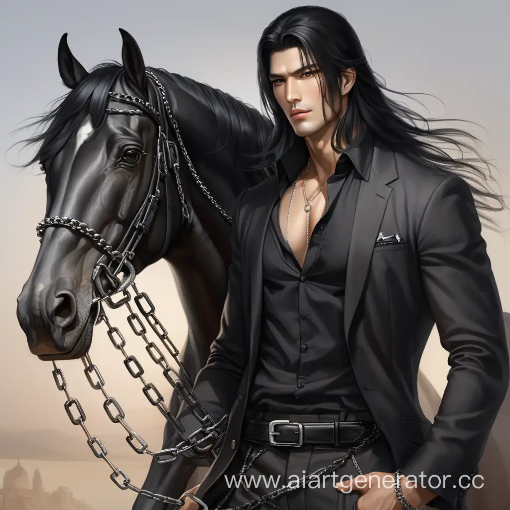 Horseman, Tall man around 25, handsome, black long straight hair, sharp chin, without beard, black horse, slightly open shirt, black outfit, chains