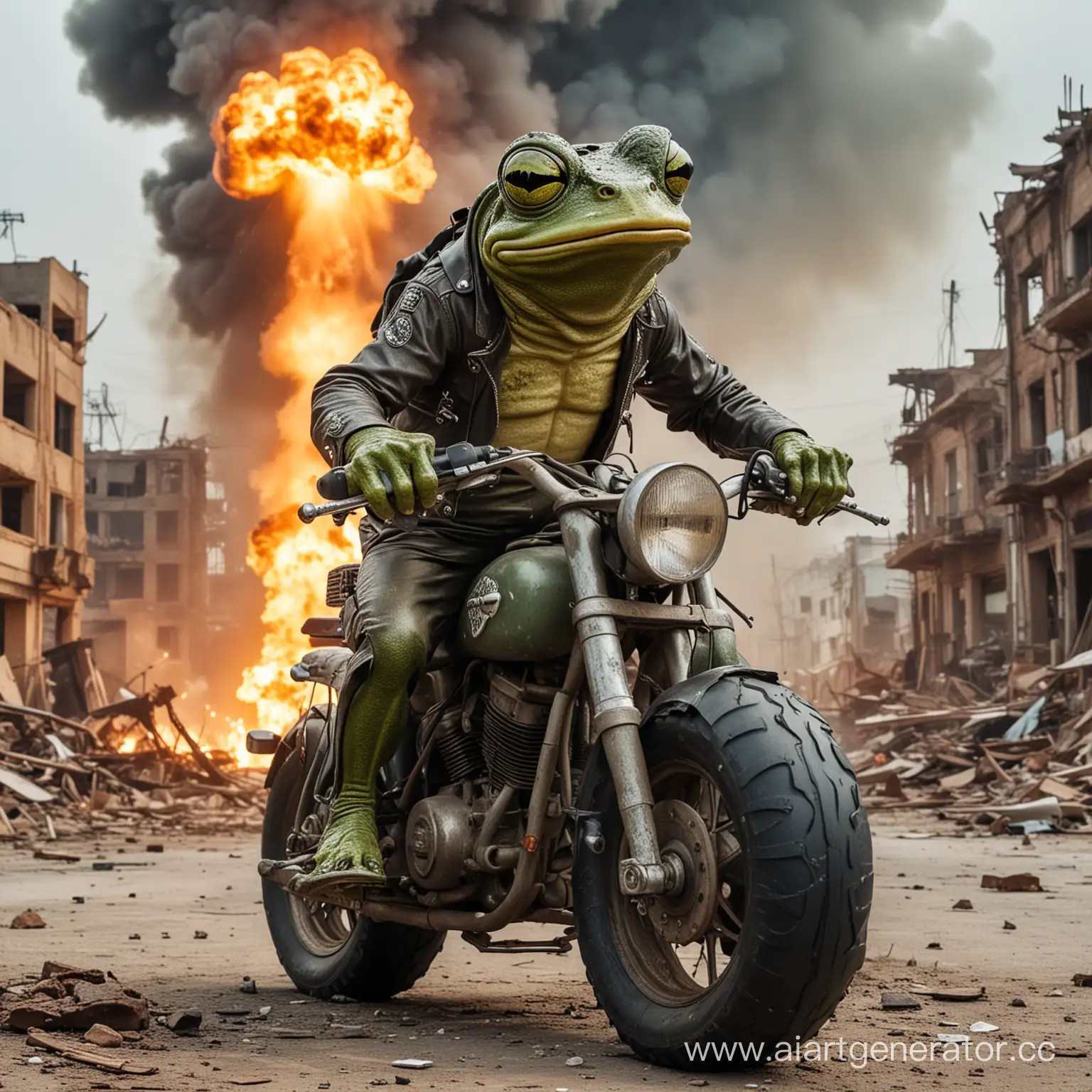 Злая жаба рокер на мотоцикле
Ядерный взрыв 
руины города