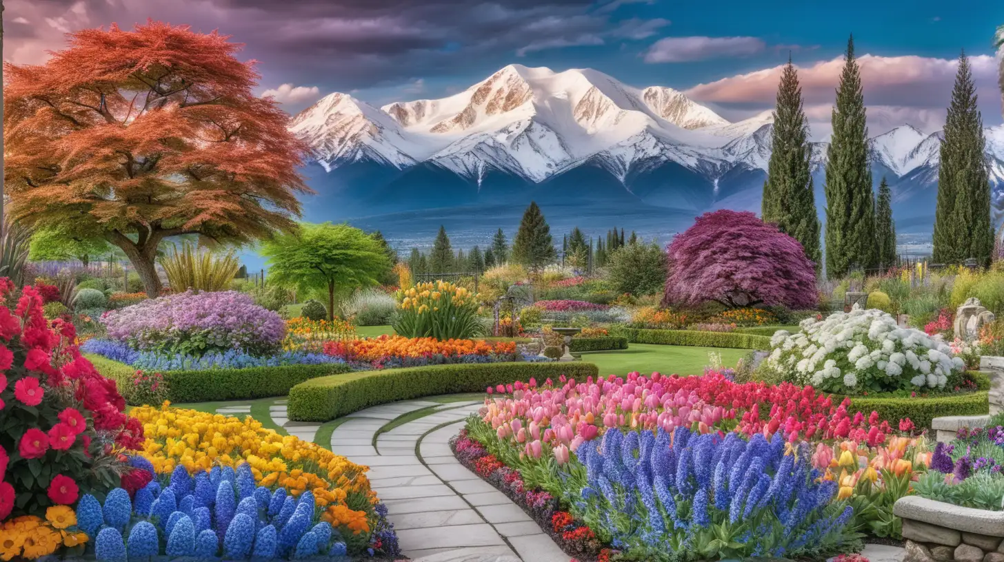 Vibrant Flower Garden Surrounded by Majestic Mountains