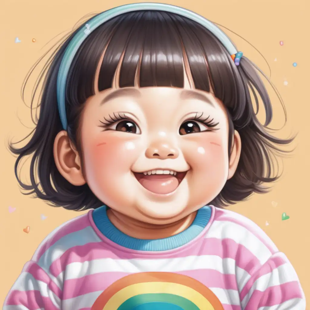 Adorable Asian Baby Girl with Big Eyes and Dimples in Rainbow Striped Onesie