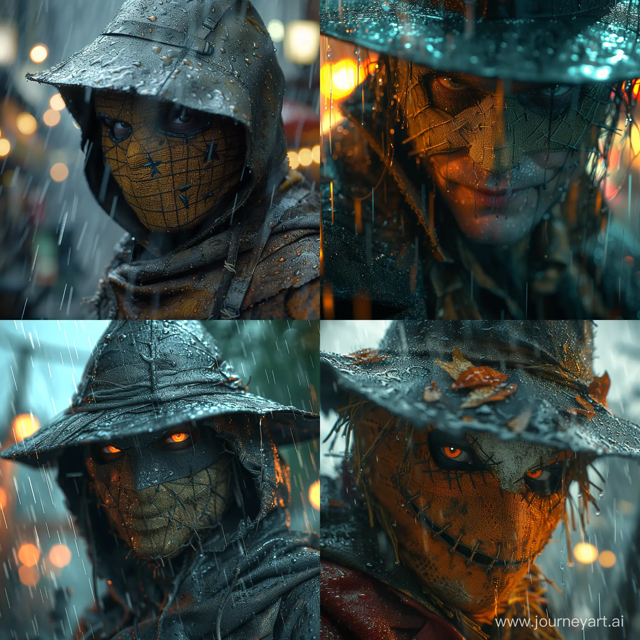 Create a realistic and dynamic image of the Scarecrow in Gotham City, with a close-up depth of field, set in the rain. The image should capture the essence of Gotham City's atmosphere and the Scarecrow's character, incorporating a stylized approach. Pay attention to detail and realism, and ensure that the image conveys a sense of drama and intrigue --stylize 750 --v 6