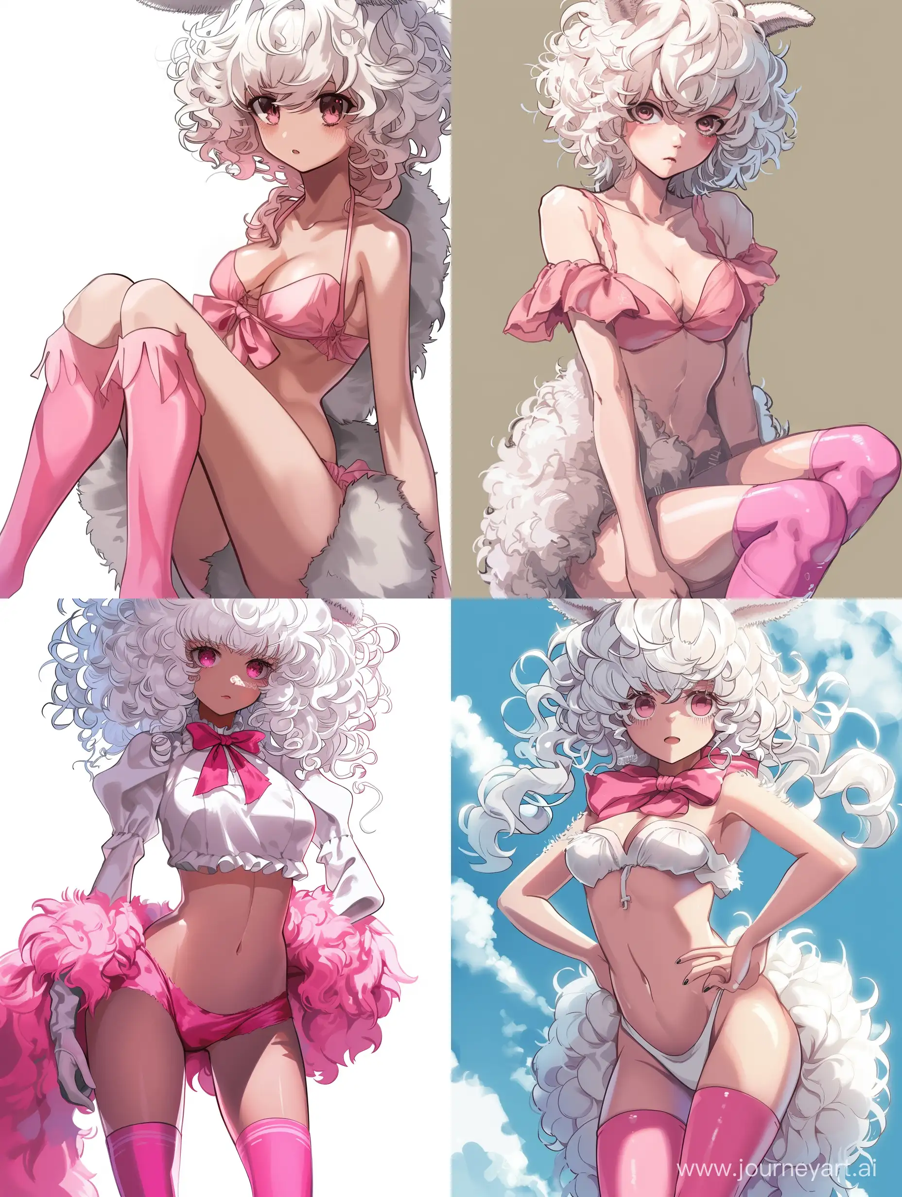 Девочка-альпака, аниме, белые кудрявые волосы, розовые чулки