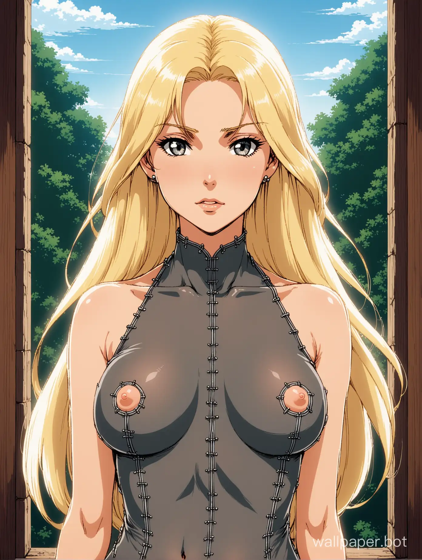 a young and attractive white woman, she has long wavy white-blonde hair, standing regally, elegant and slender, thin sharp face, kind and sullen expression, wearing a sheer thin dark grey skintight dress, two square nipple windows, her nipples are exposed, visible nipples, visible areolas, nipple piercings, decorative stitching, medieval elegance, 1980s retro anime