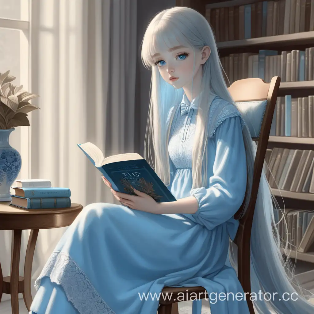 бледная девушка с длинными прямыми волосами и небесно-голубыми глазами сидит на стуле и читает книгу.