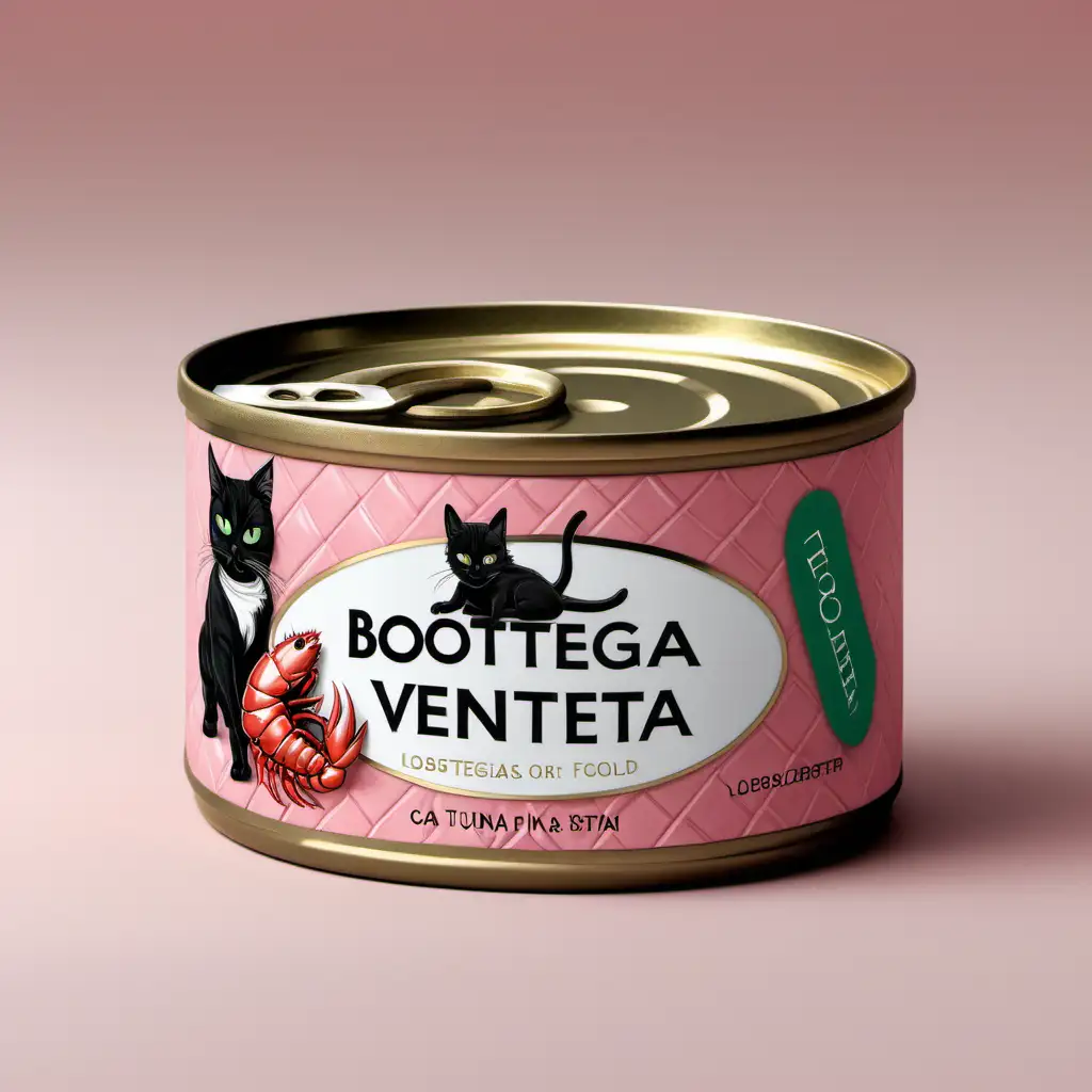 A cat food can tuna with lobster. The design of the label must remind the luxury fashion brand, "Bottega Veneta". Colour must be pink and green with some gold. 
Cats must not be visualized. 
