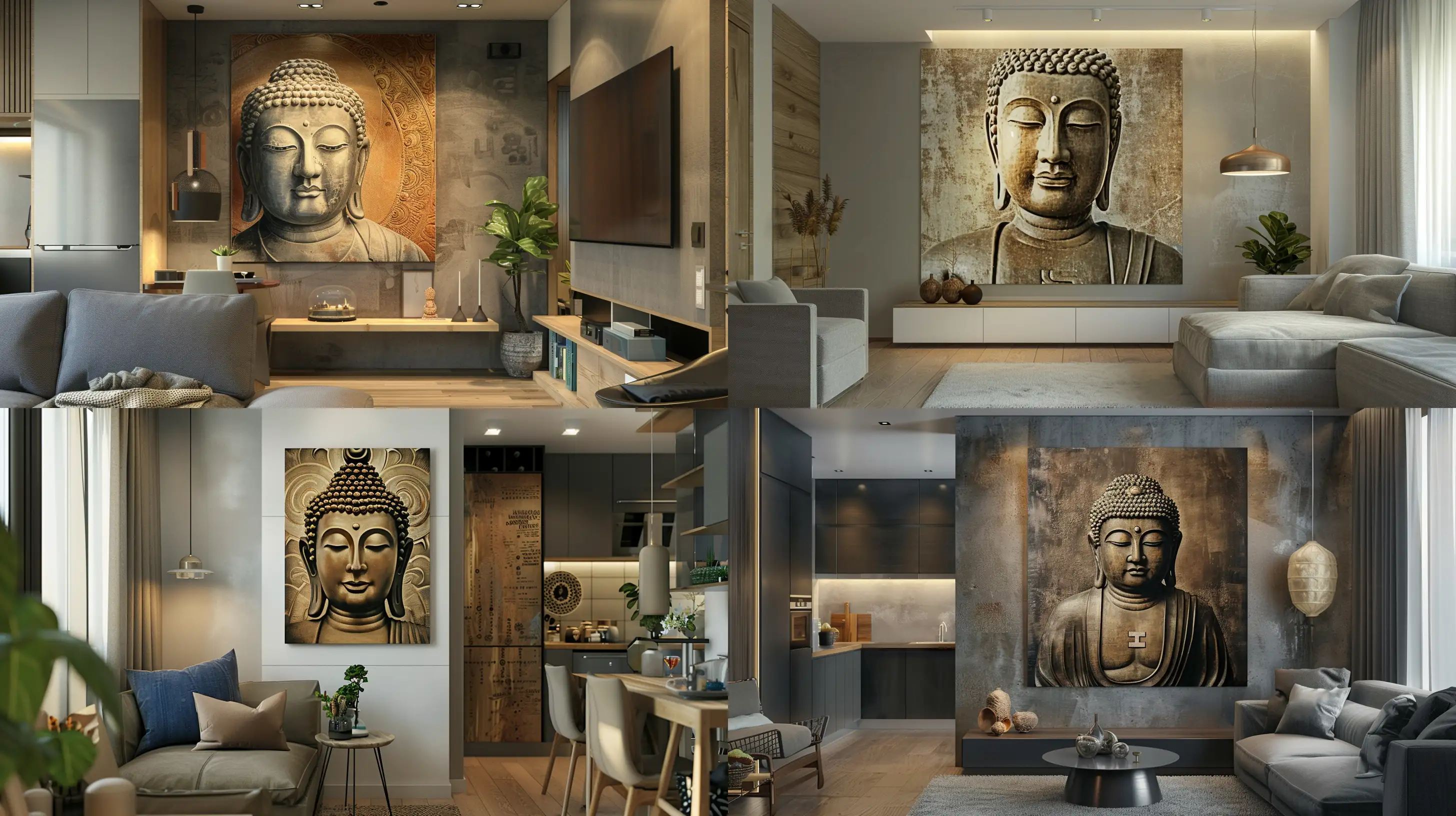 A compact modern living area in an apartment, showcasing a prominent photographic-style painting of Buddha, capturing a serene and lifelike presence, integrated into the everyday living space. Created Using: cozy modernity, high-resolution photographic detail of Buddha as focal point, smart use of space, modern decor elements, intimate and welcoming, art-centric interior design --ar 16:9 --v 6.0