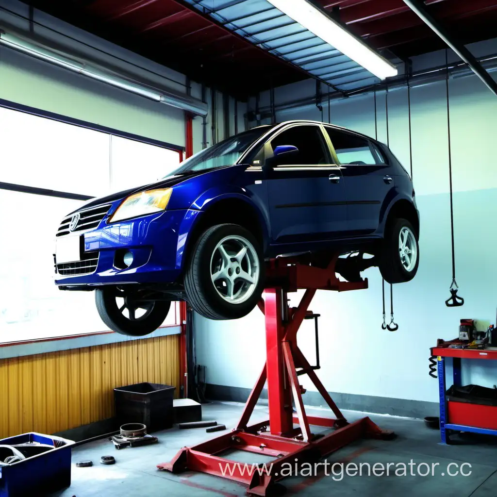 Automobile-Maintenance-Elevated-Car-with-Missing-Wheels-and-Scattered-Engine