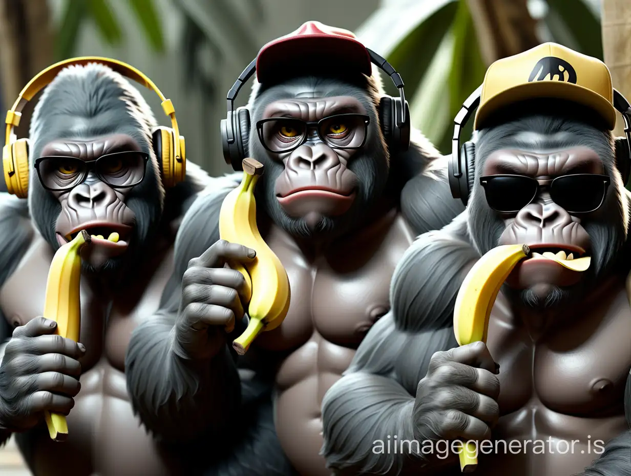 3 gorillas looking tough gangster one with dark glasses one with headphones another with cloth in mouth bad with banana in mouth each with a prop
