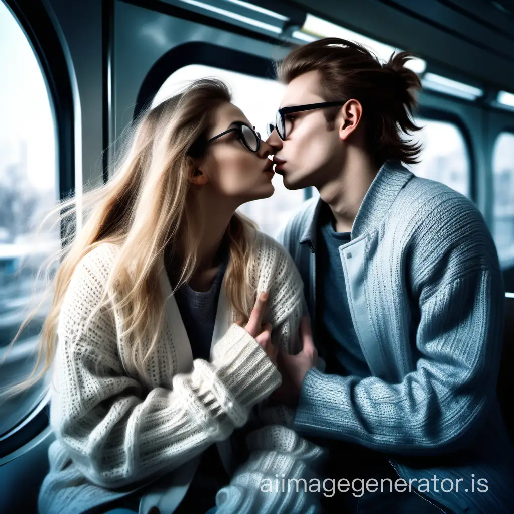 утро, весна, в пустом метро парень с растрепанной прической, круглыми очками, рубашке, целует девушку с длинными волосами, в вязаном свитере и в расстегнутом пуховике. они сидят возле окна. метро в футористичном стиле