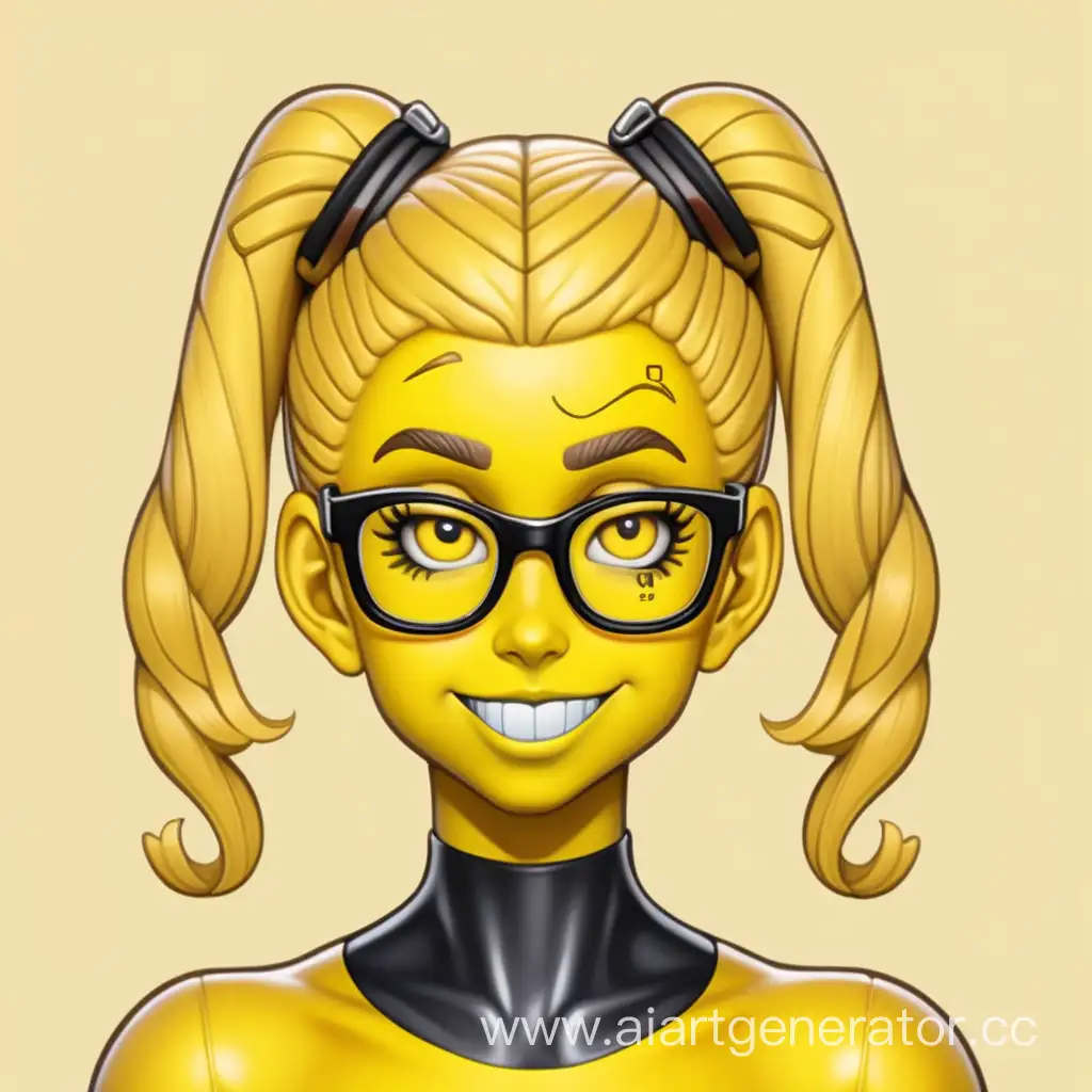 Хуманизация Nerd смайлика в Латексную девушку с желтой латексной кожей с желтой резиновой прической и желтым резиновым лицом Изображение сделать в милой стилистике