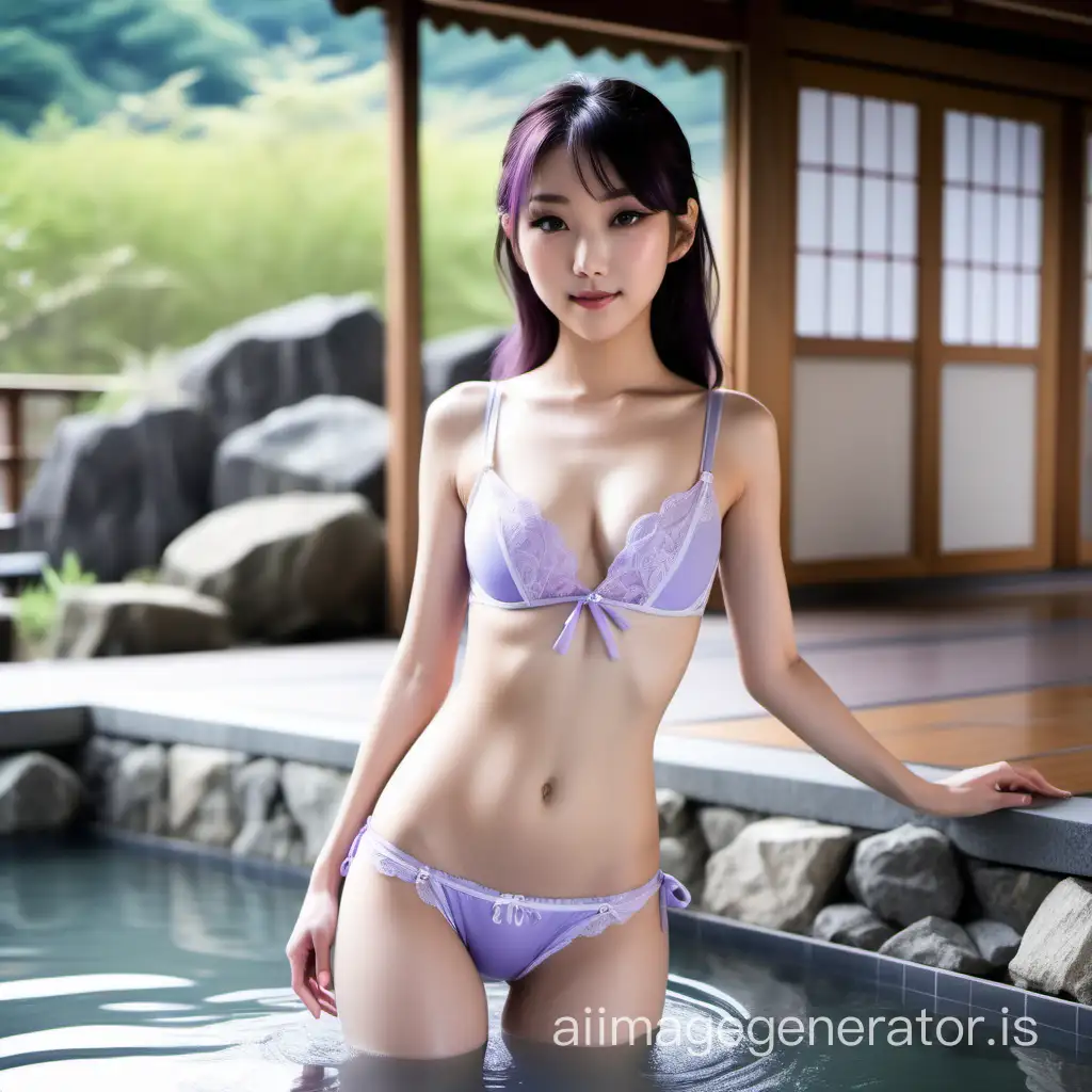 a japanese slender female perfect grammar, sexy glamorous lavender lingerie, stretch sharp abs curvy, bathing onsen morning scene, kawaii