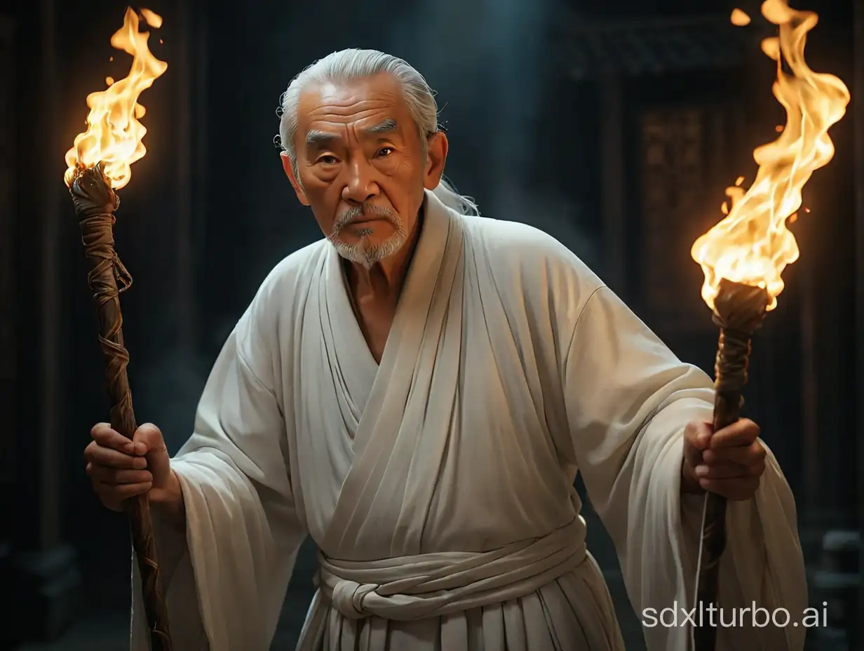 Cinematic shot of an old white Chinese old man holding a staff with a glowing flame, wearing long white robes in a dark room, photorealistic, captured with a Canon EOS camera