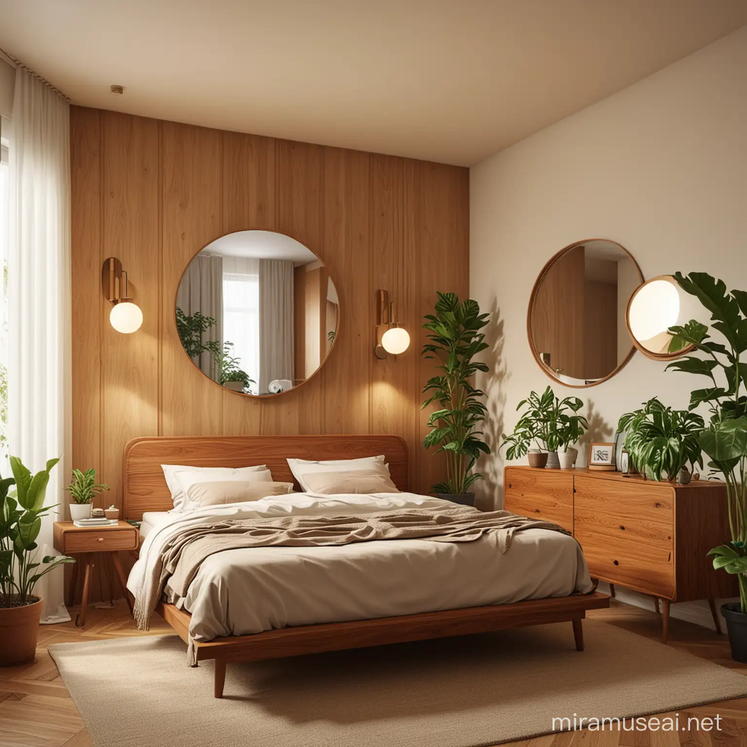 generates an image of a mid-century style bedroom, it should have a single window, plants, wooden panels, wooden bed, curved mirror, natural and artificial lighting, lamps and human scale
