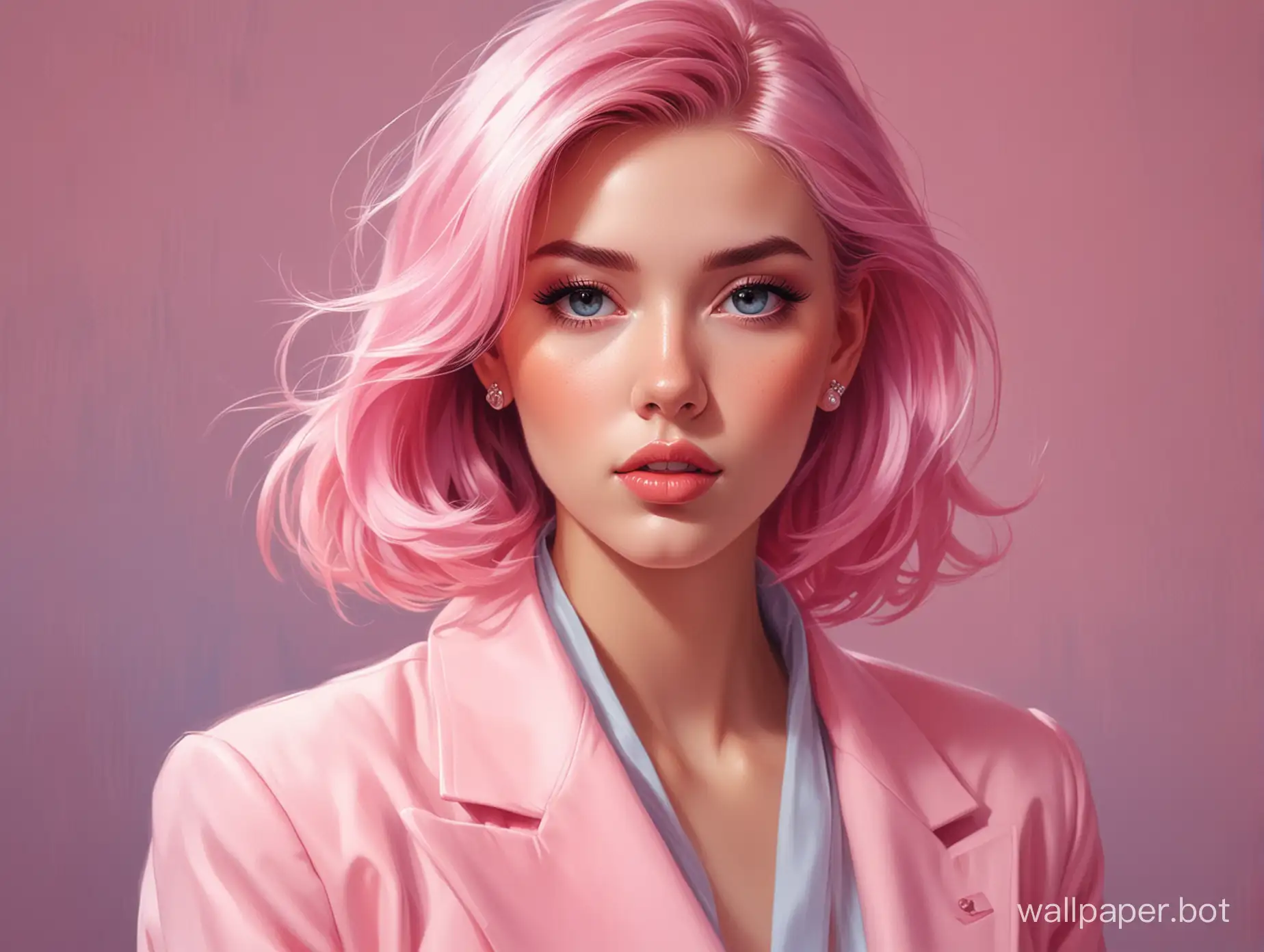 A captivating portrait illustration in the exquisite style of Ilya Kuvshinov, showcasing a fashionable and alluring young woman. She dons a stylish pink blazer and heels, accentuating her elegance. Her silky pink hair flows gracefully, framing her face with soft waves. The backdrop is a dreamy fusion of pink, purple, and blue tones, exuding an aura of romance and sophistication., photo, painting