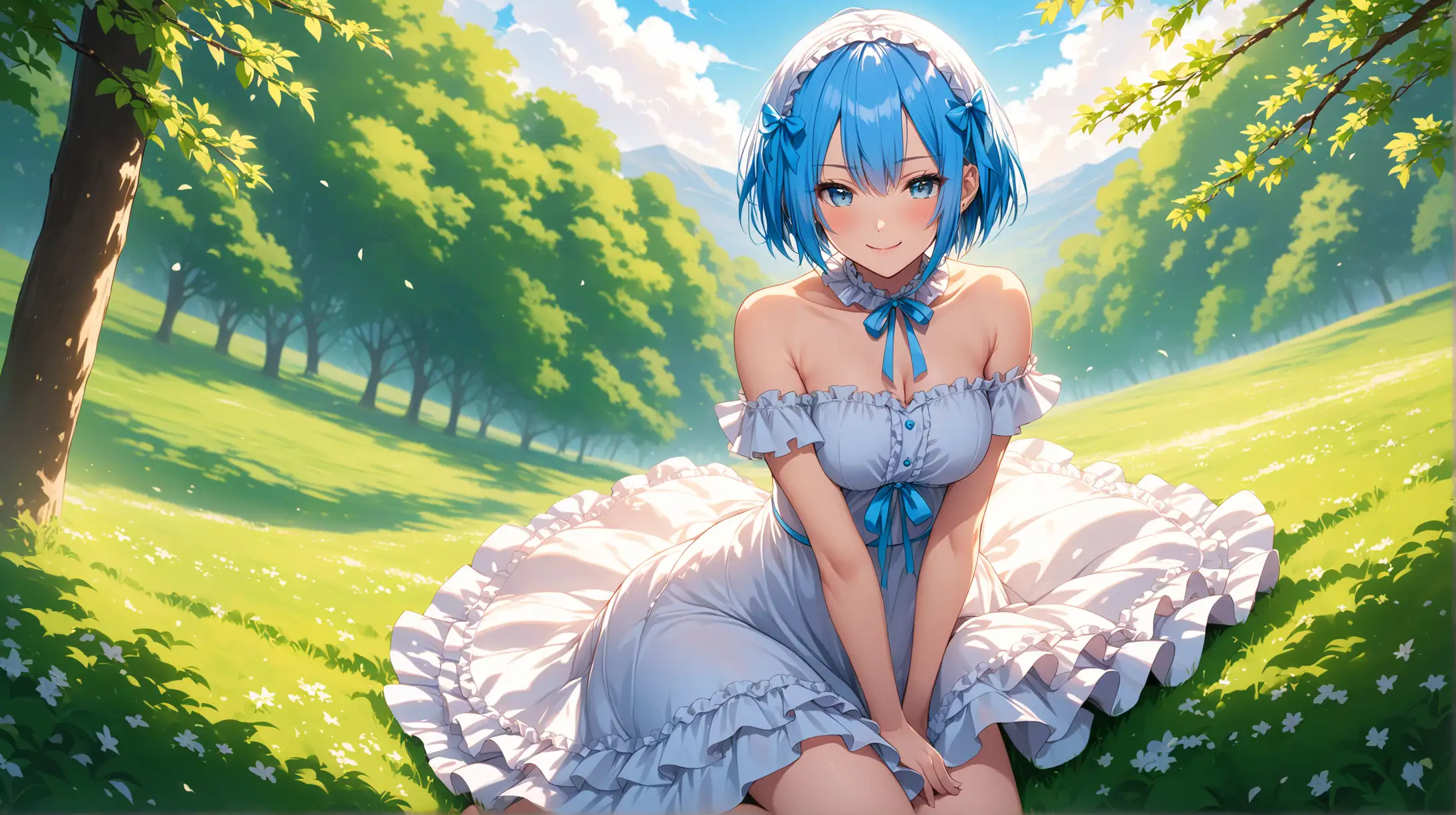 Draw the character Rem, high quality, natural lighting, long shot, outdoors, seductive pose, frilly spring dress, smiling at the viewer
