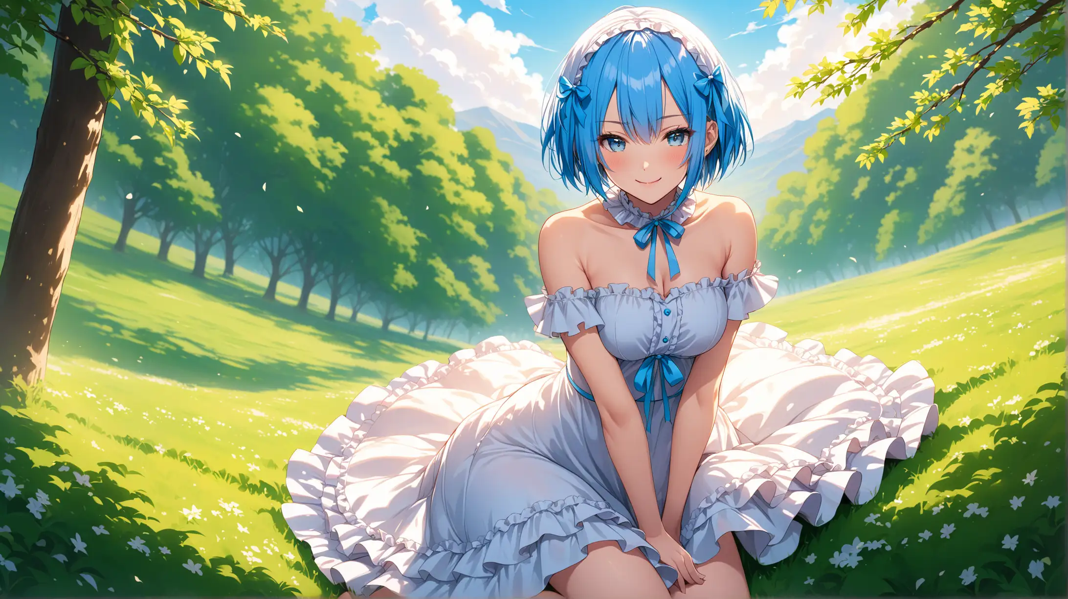 Rem in Elegant Frilly Dress Smiling Outdoors