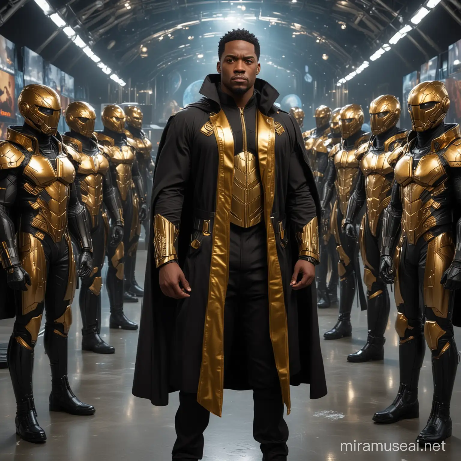 African American film producer Victor Foh Jr as DC Character Nix Uotan, Nix Uotan, highly detailed, 8K, standing in front of multiple copies of the planet Earth, wearing a futuristic black trench coat with gold accents, comic accurate costume