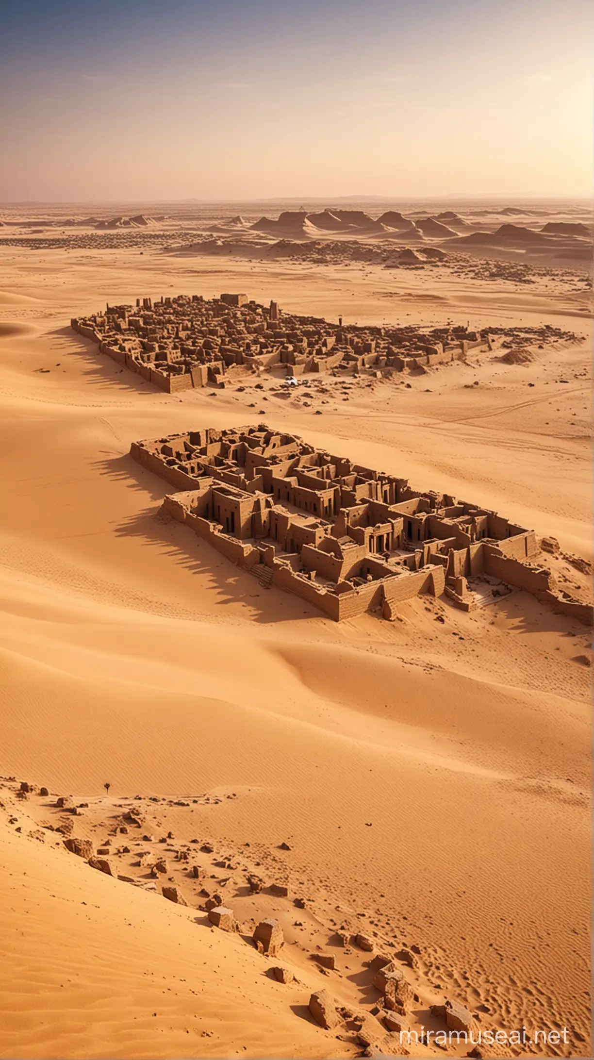 Visualize the vast Egyptian desert with ancient ruins peeking through the golden sands, hiding secrets from the past.
