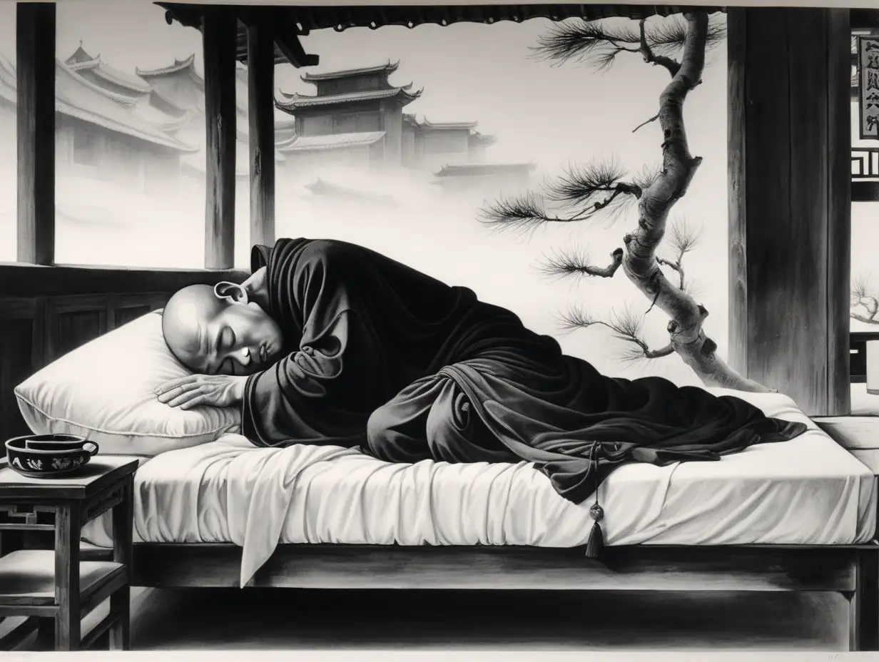 eastern ink painting in black and white a lone monk sleeping in bed