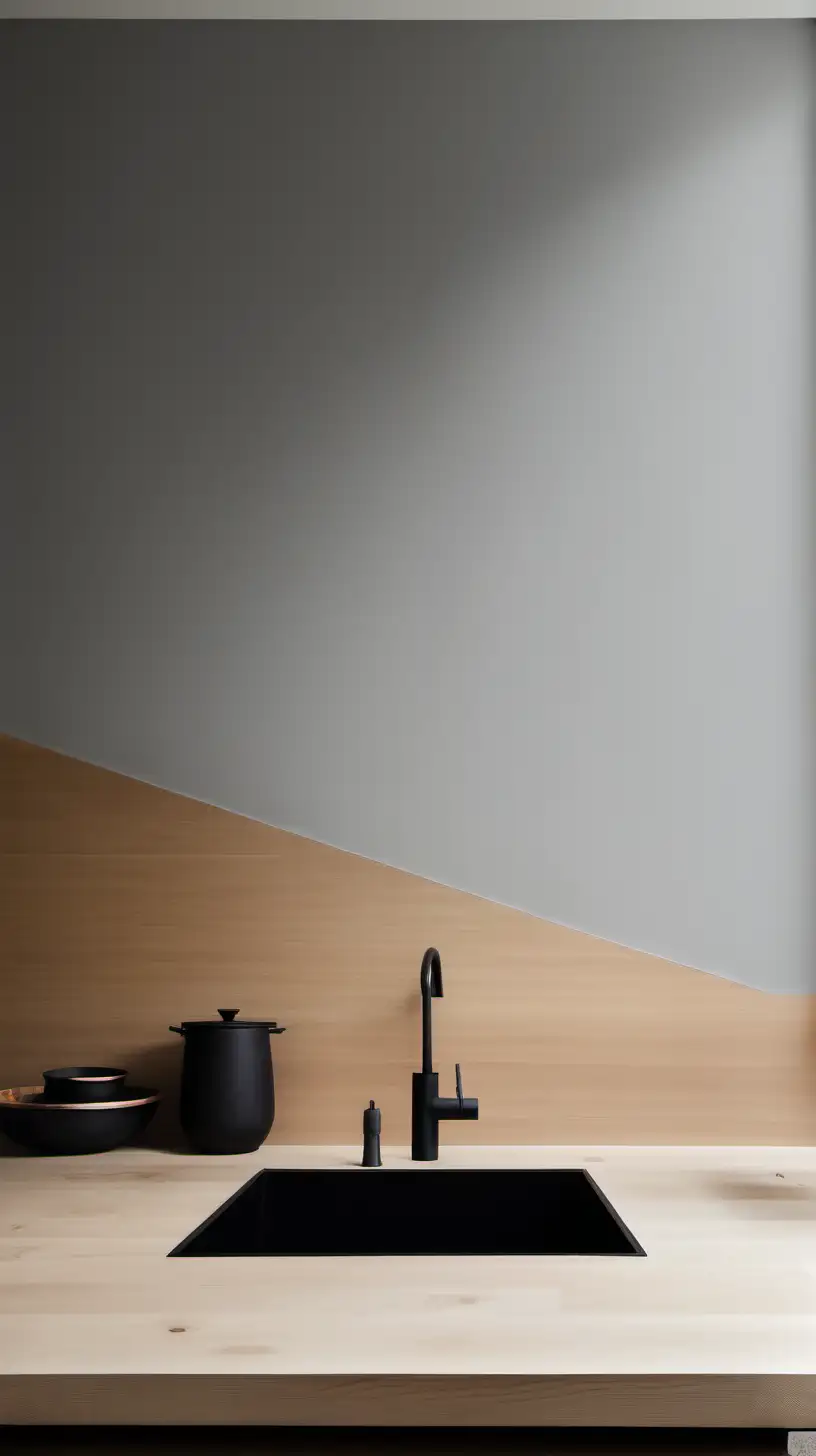 Modern Light Wood Kitchen Counter Against Sleek Grey Wall