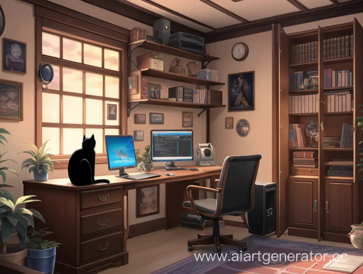 интерьер отрисованный в стиле аниме, слева стоит компьютерный стол с ноутбуком на нём, справа тумба на которой лежит чёрная кошка