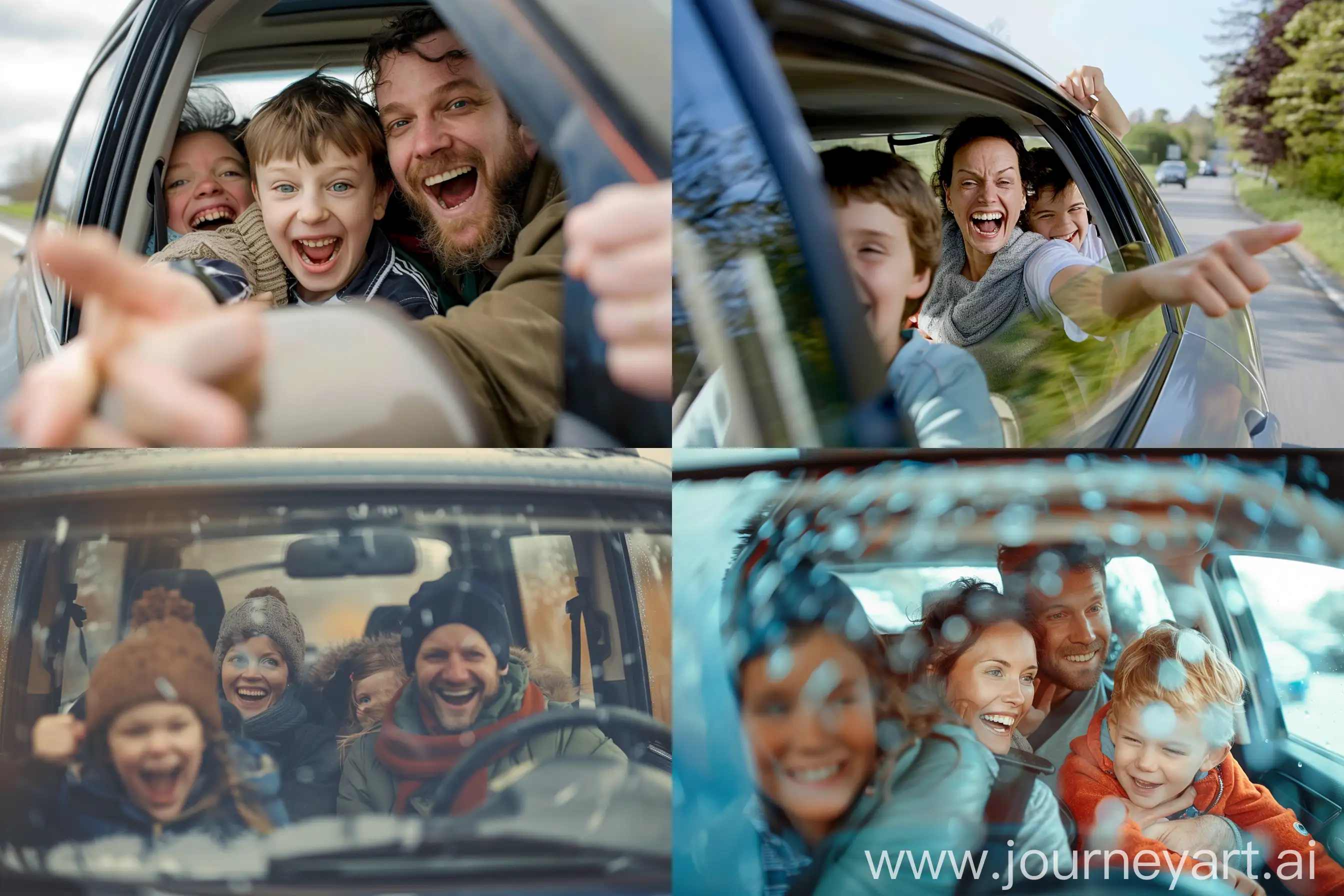 A family traveling by car is very happy. The picture was taken from a distance from the car and the faces of the family members can be seen through the open window of the car.  --ar 3:2 --style raw
