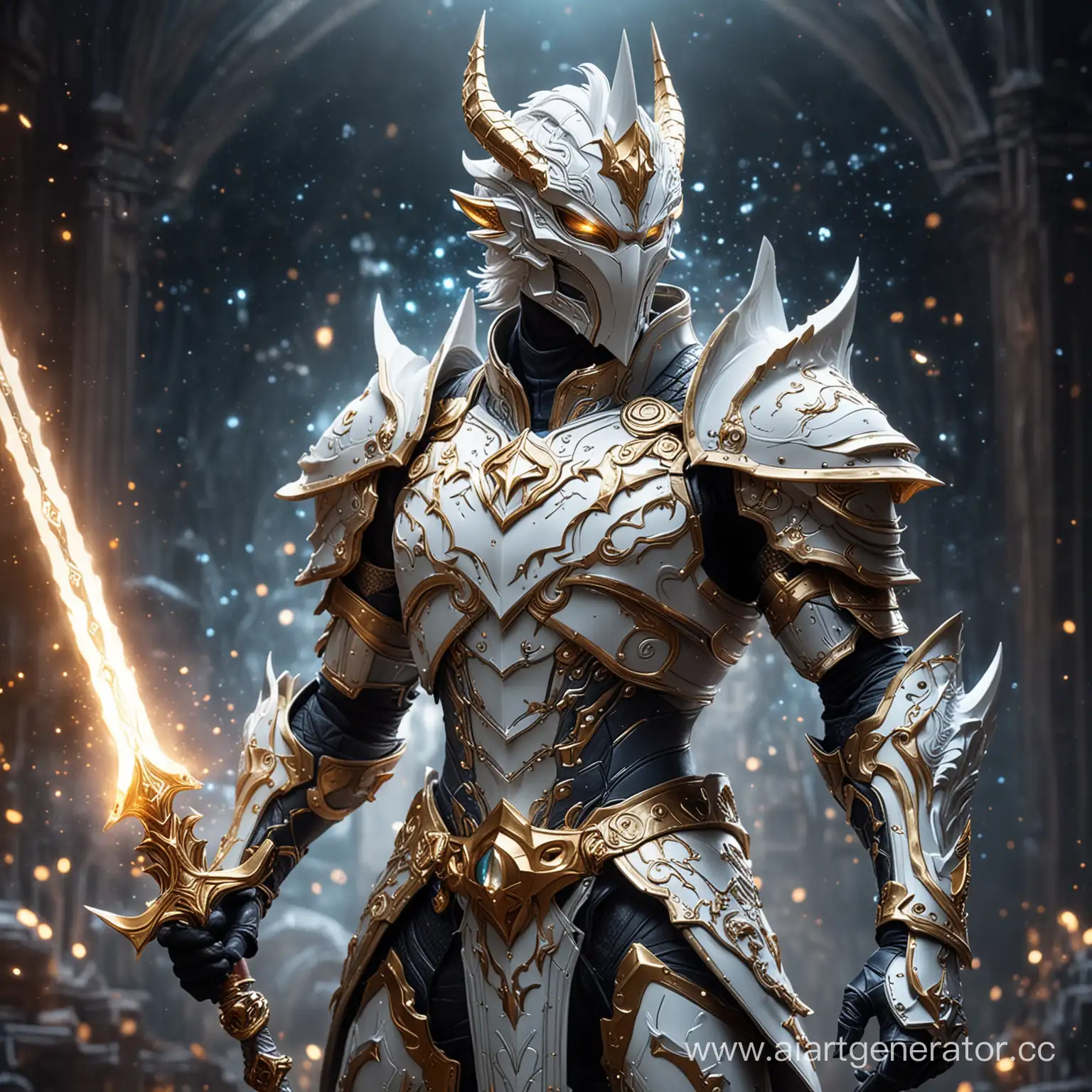 Nova Knight: Visualize regal, cosmic-themed armor adorned with celestial motifs and glowing accents, resembling the majesty of stars and galaxies He is holding Sparx Sword of white dragon.make it cinematic 