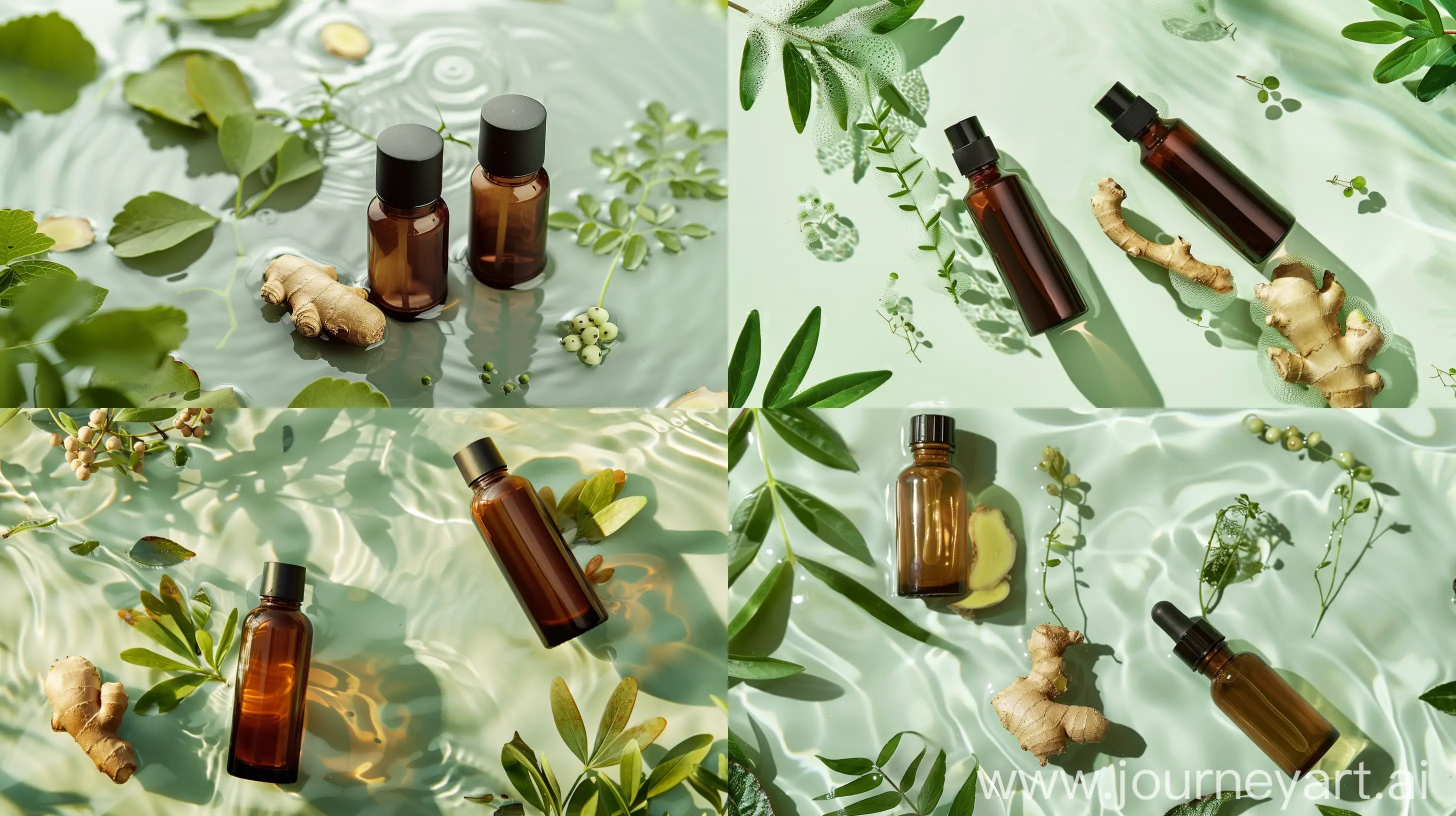 Product: two brown glass cosmetic bottles on the left image. Background: cosmetic bottle lying on the surface of light green water Factors: Soft focus
A little ginger, perilla leaves, polygonum, and mistletoe float on the water surface around the product, Elegant light, Reflection on the water surface, The atmosphere is quiet
Style: fresh, natural, quiet --ar 16:9 --style raw