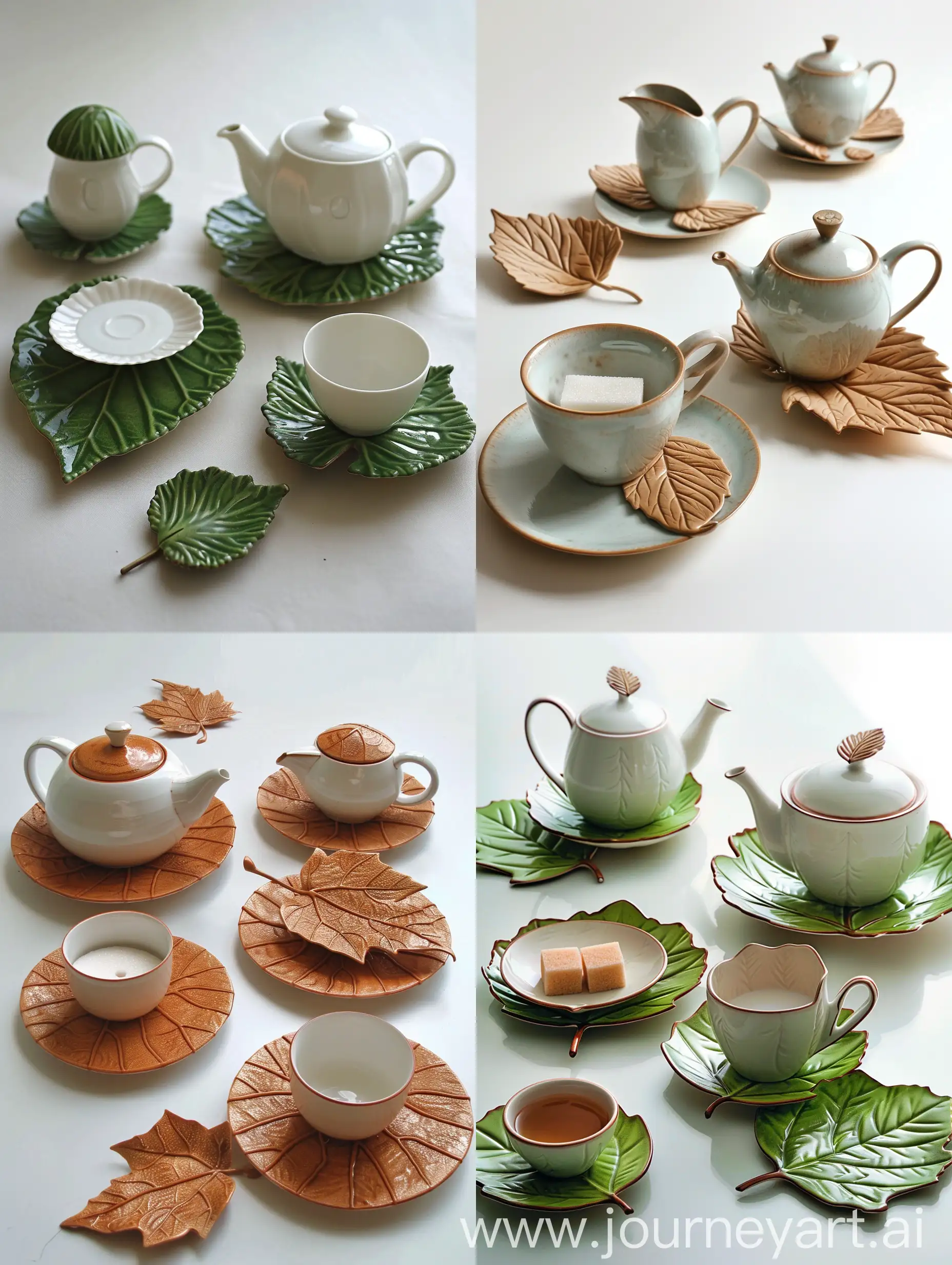 Tea-Set-with-Leaf-Saucers-Sugar-Bowl-Milk-Jug-and-Teapot