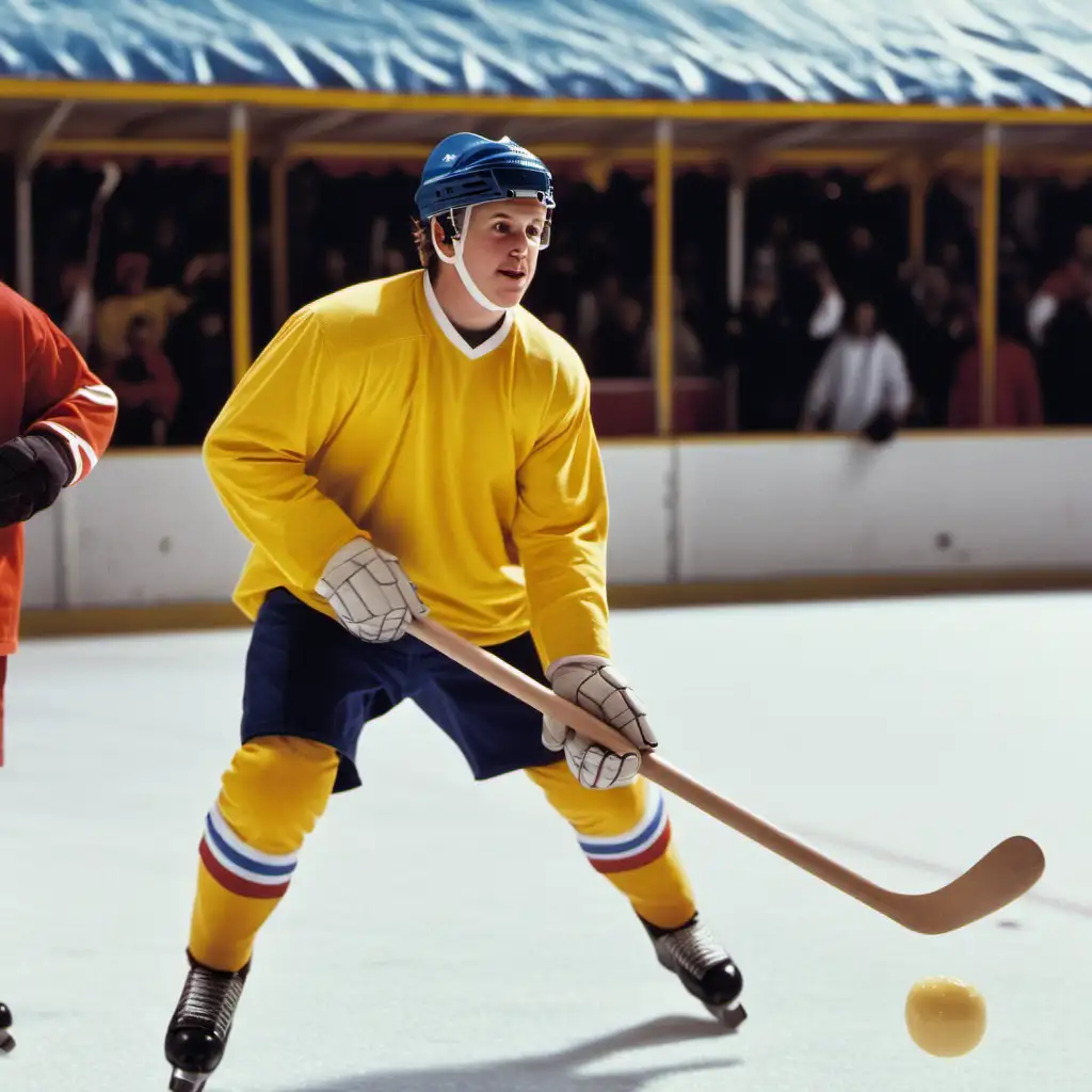 hockey player. yellow jersey. stick of butter as hockey puck. carnival.