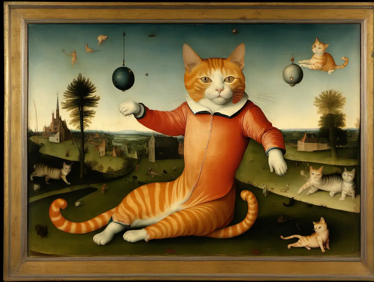 Playful Ginger Cat with Legs Up in Bosch Inspired Art