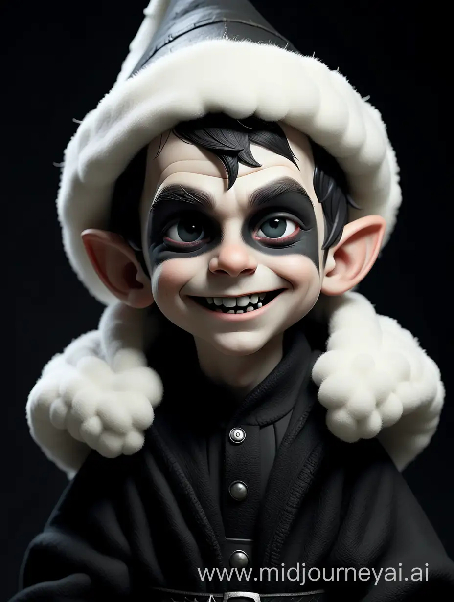 Grinning male Elf child with thick black make up around eyes, chalk white skin, wearing white fur hat and black woollen robes, optimistic, goth, childish, style fantasy
