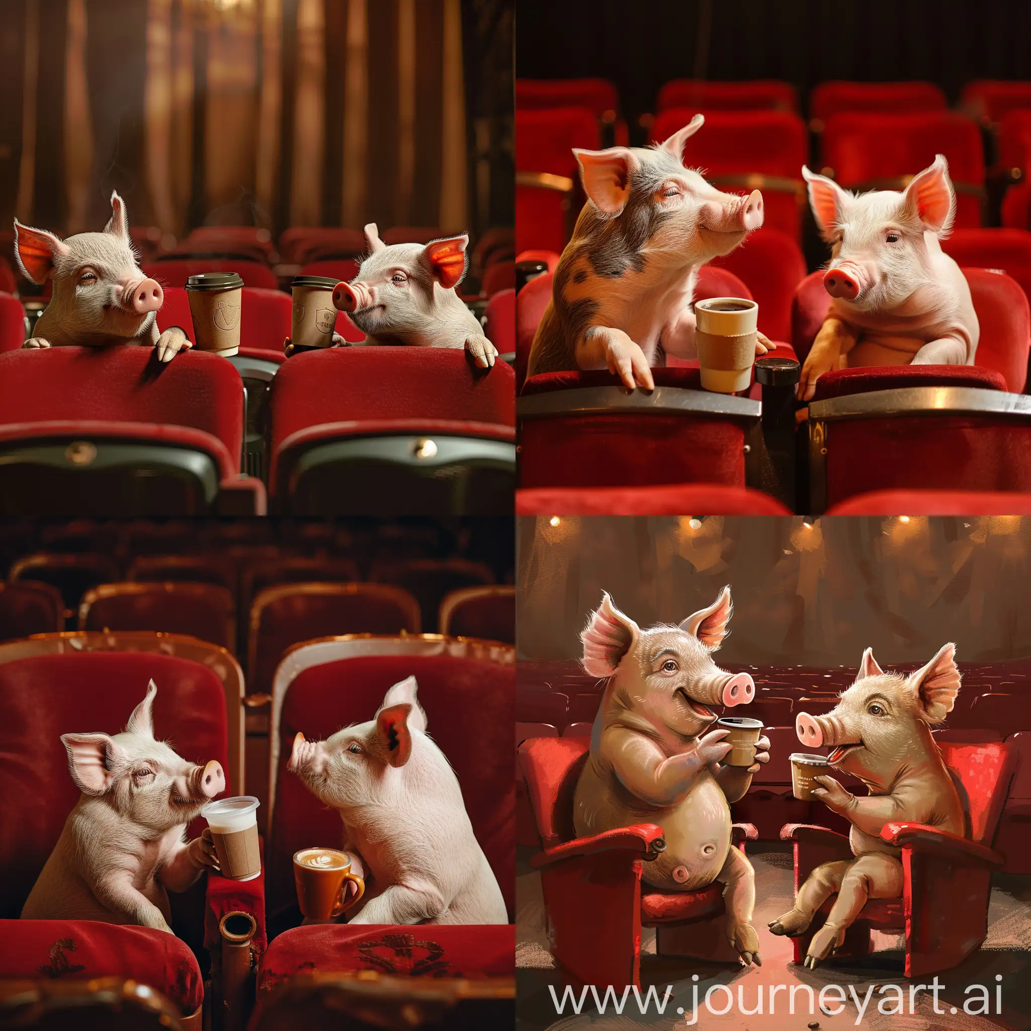 2 pigs are sitting in the theater and drinking coffee, realizm